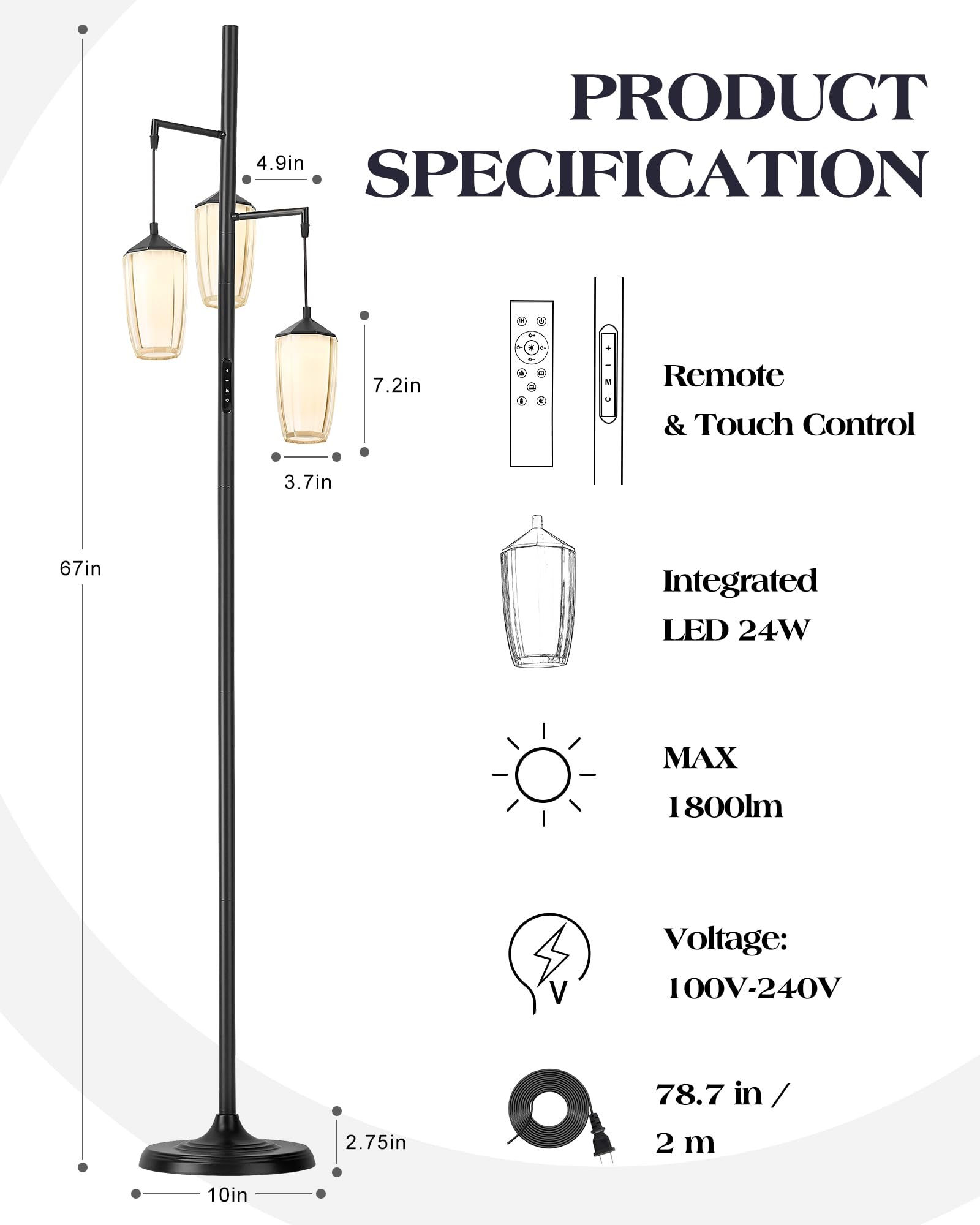 Elyona Modern Dimmable Floor Lamp, 3-Light Standing Lamp With Remote & Touch Control, Stepless Adjustable 2200K-6500K Colors & B