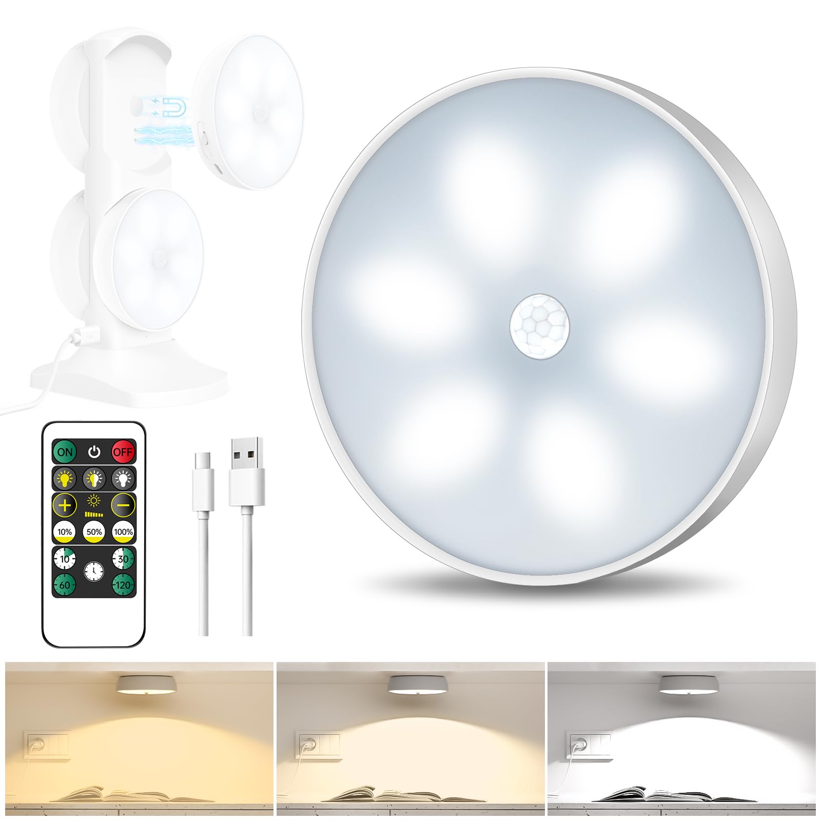3 Colors Temperatures LED Closet Light Wireless Motion Sensor Puck Light Compatible with Charging Station, USB Rechargeable Batt