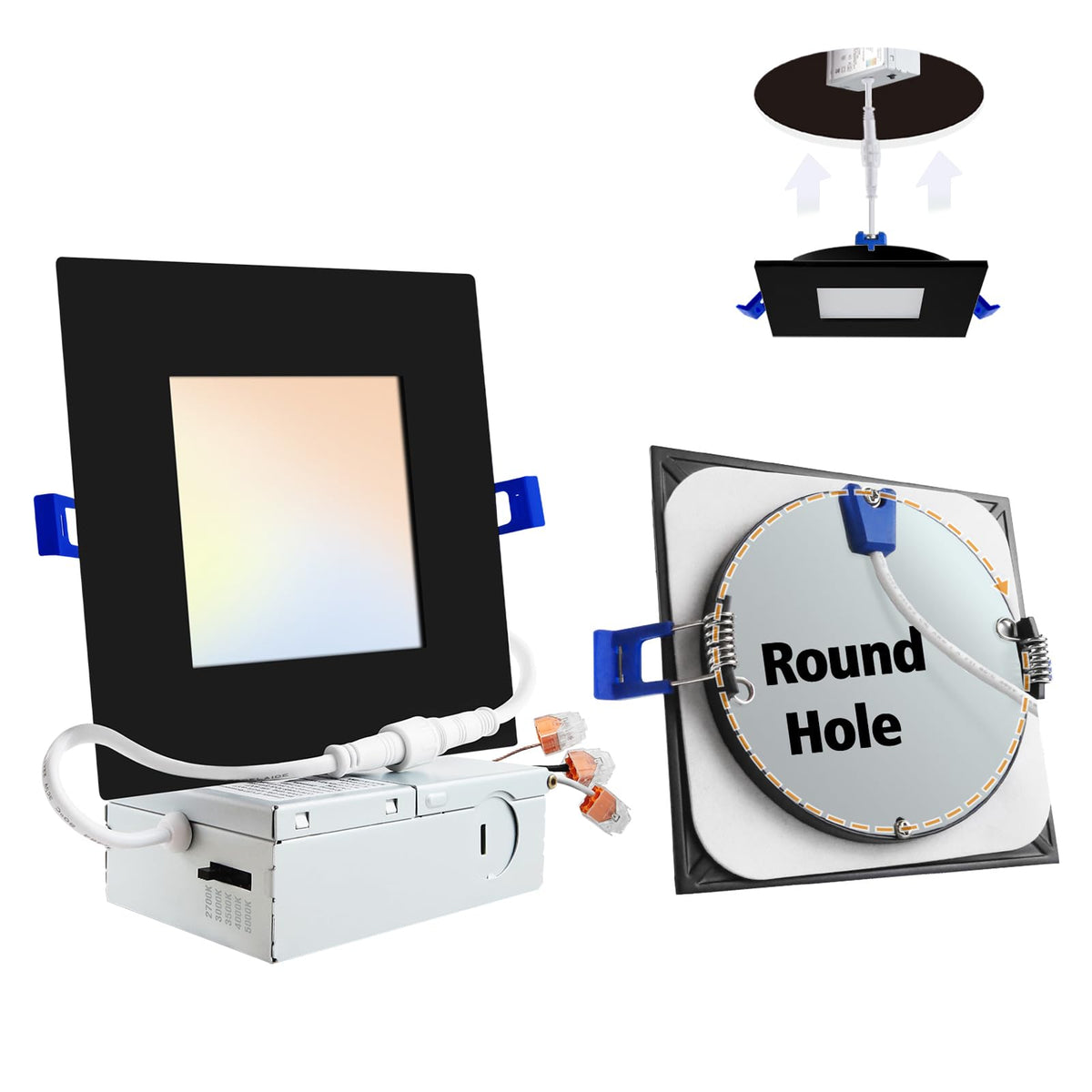 Adetu 6 inch Square Led Recessed Lighting Black,5CCT Ultra Thin Square Led Ceiling Light with Junction Box,14W 1190lm,2700K/3000