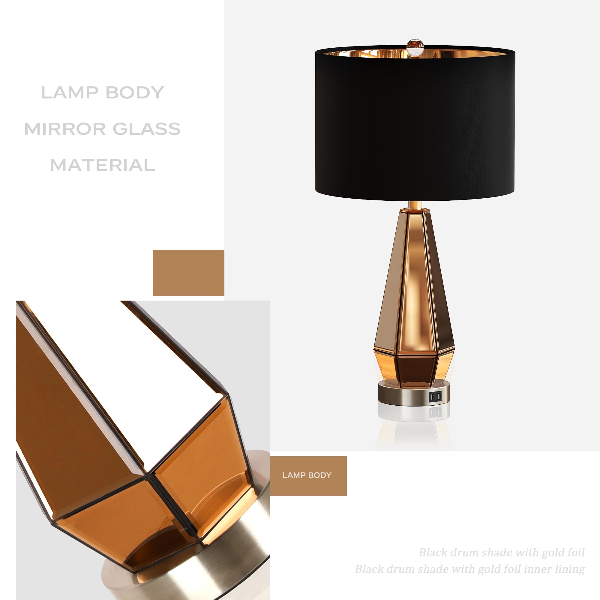 Hamucd Set Of 2 Mirrored Glass Bedside Table Lamps With 2 Usb Ports For Bedrooms Modern Amber Side Nightstand Lamps With Gold Bl