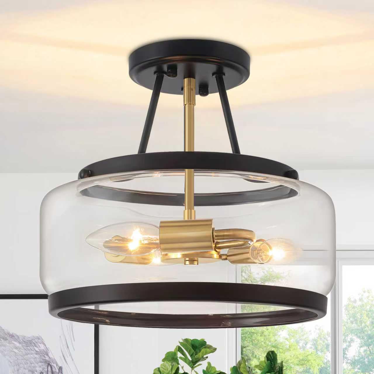 11.81 Black And Brushed Gold Close To Ceiling Light  3-Light Modern Drum Light Fixtures  Hallway Ceiling Lights  Glass Ceiling Lamp For Entryway Bedroom Laundry Kitchen Dining Room Lighting Ul-Listed