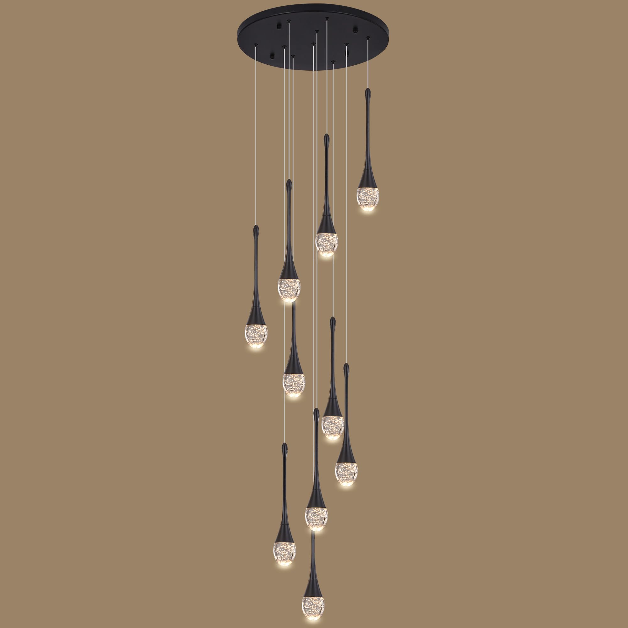 Upfelw Modern Crystal Chandelier 10 Lights Dimmable LED Raindrop Light Fixture Black H98.5in  for Foyer Dining Room Model UCC-B10-0436