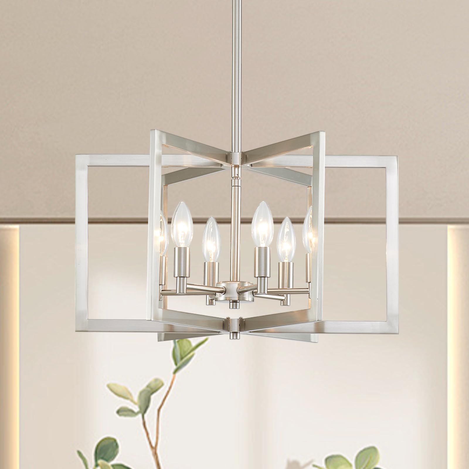 peskoe Brushed Nickel Chandelier 6-Light, Dining Room Light Fixture Geometric Metal Modern Chandelier Lighting for Kitchen Islan