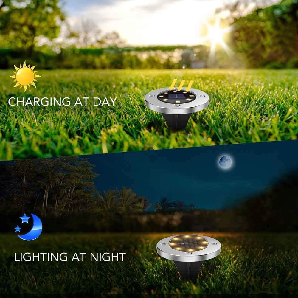 Bell+Howell Solar-Powered Disk Lights, 8-LED Bulbs, Waterproof, Set of 4, Silver, Model 2016