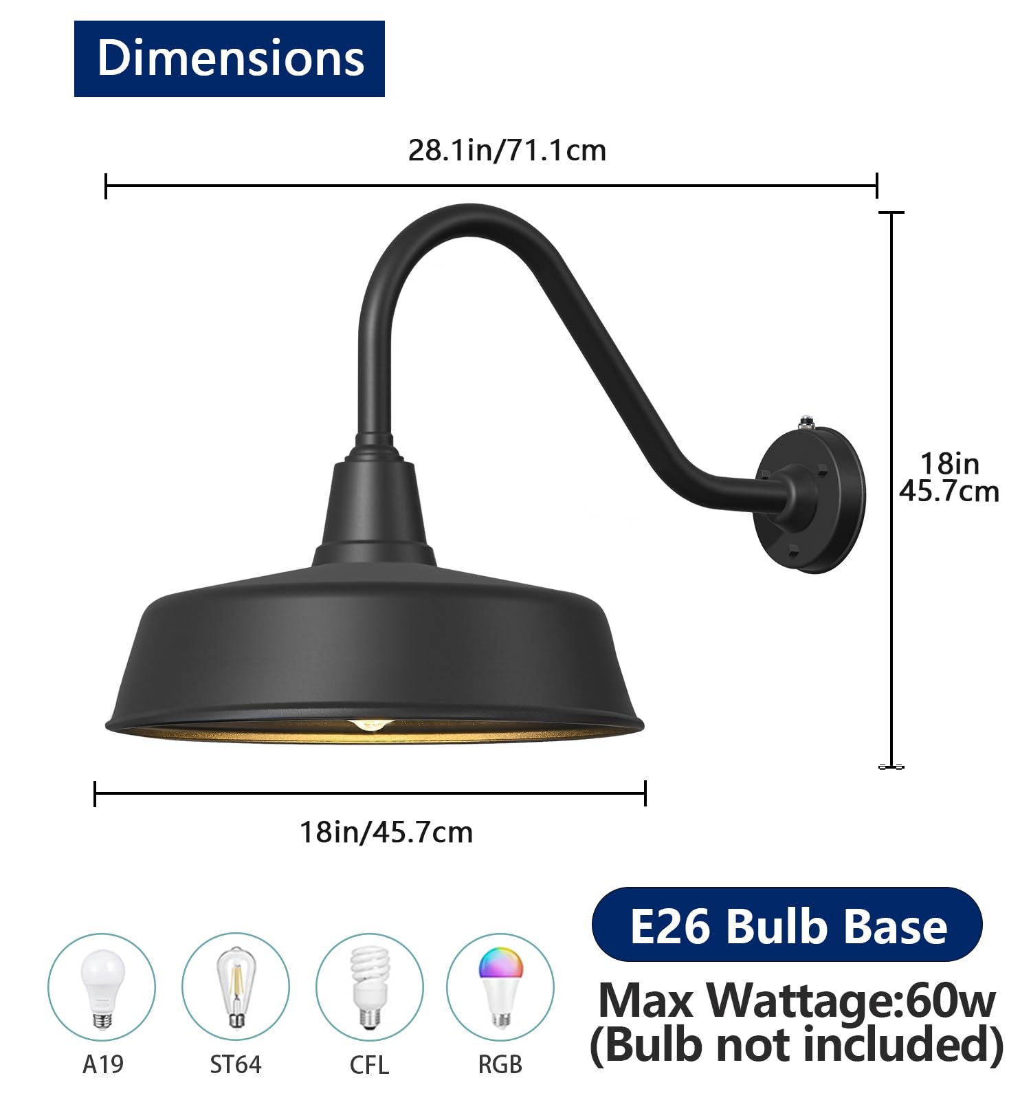 Ytzlvw 18&quot; Black Gooseneck Barn Lights - Dusk To Dawn Outdoor Porch & Garage Sconces