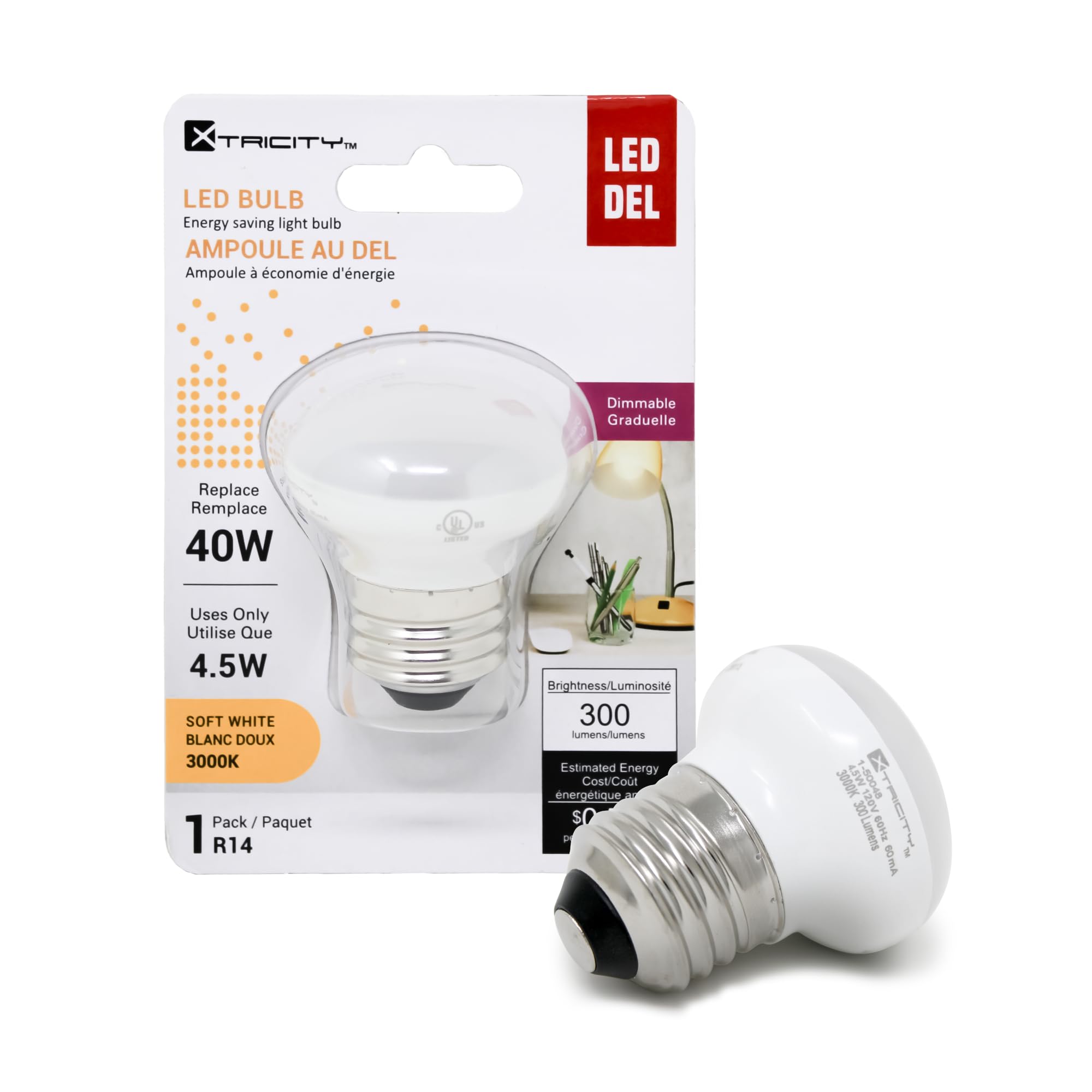 Xtricity R14 Dimmable Led Light Bulbs  E26 Base  4.5W (40 Watt Equivalent)  3000K Soft White  300 Lumens - Curio Cabinet Lighting  China Cabinet Lights - Mini Light Bulbs  Rohs Compliant (1 Pack)