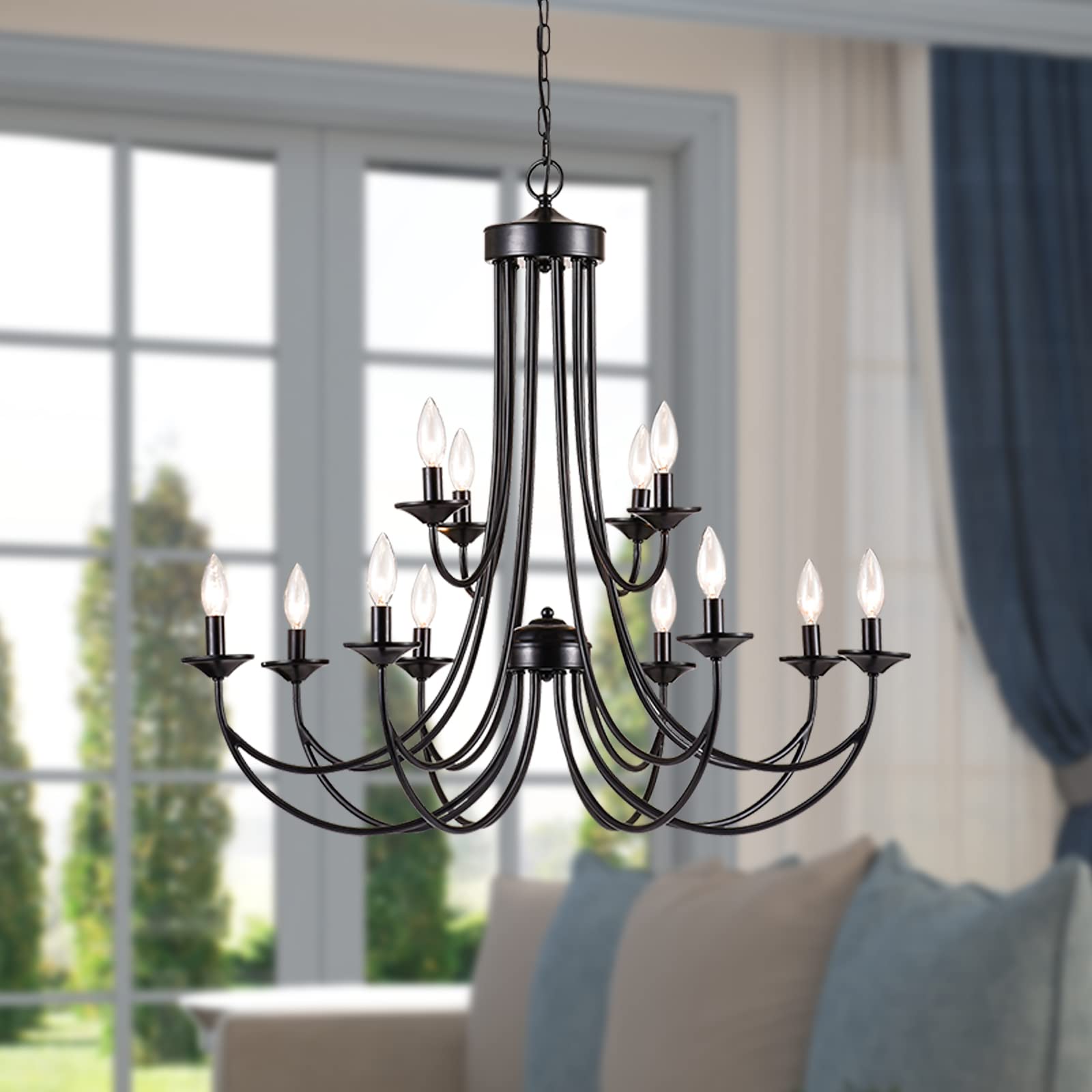 Maxax 12-Light Farmhouse Candle Chandelier, Rustic Black Wrought Iron Pendant Light For Living Room