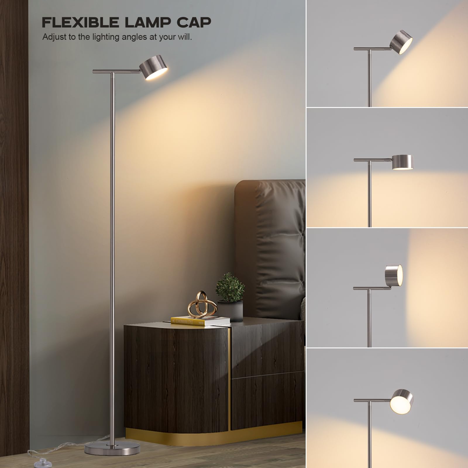 Figdifor Silver Floor Lamp, 3 Color Temperatures, Modern Reading & Working Light, Flexible Design