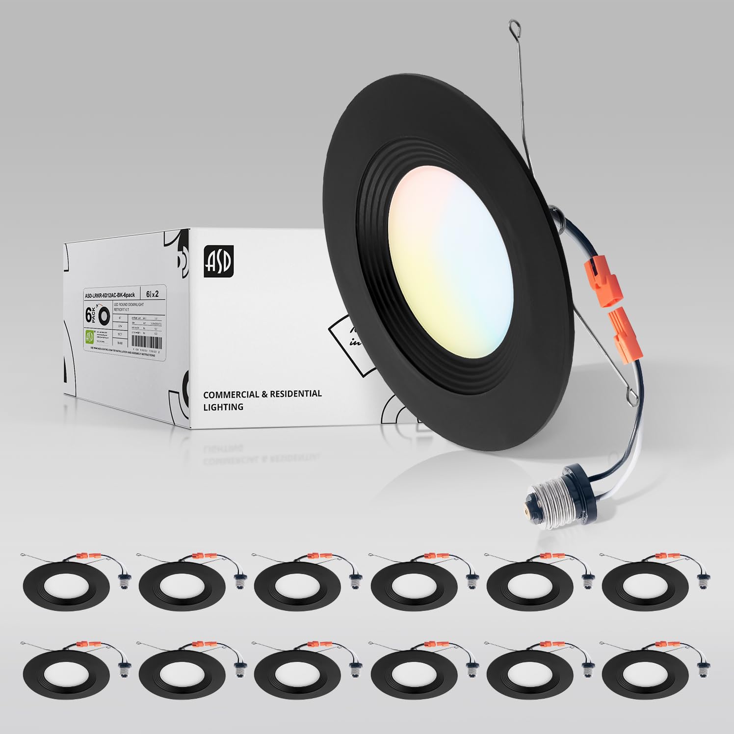ASD Retrofit LED Recessed Lighting 6 Inch Black 12W 1009 Lm Wet Rated Dimmable Ceiling LED Downlights 2700K-5000K Adjustable CRI