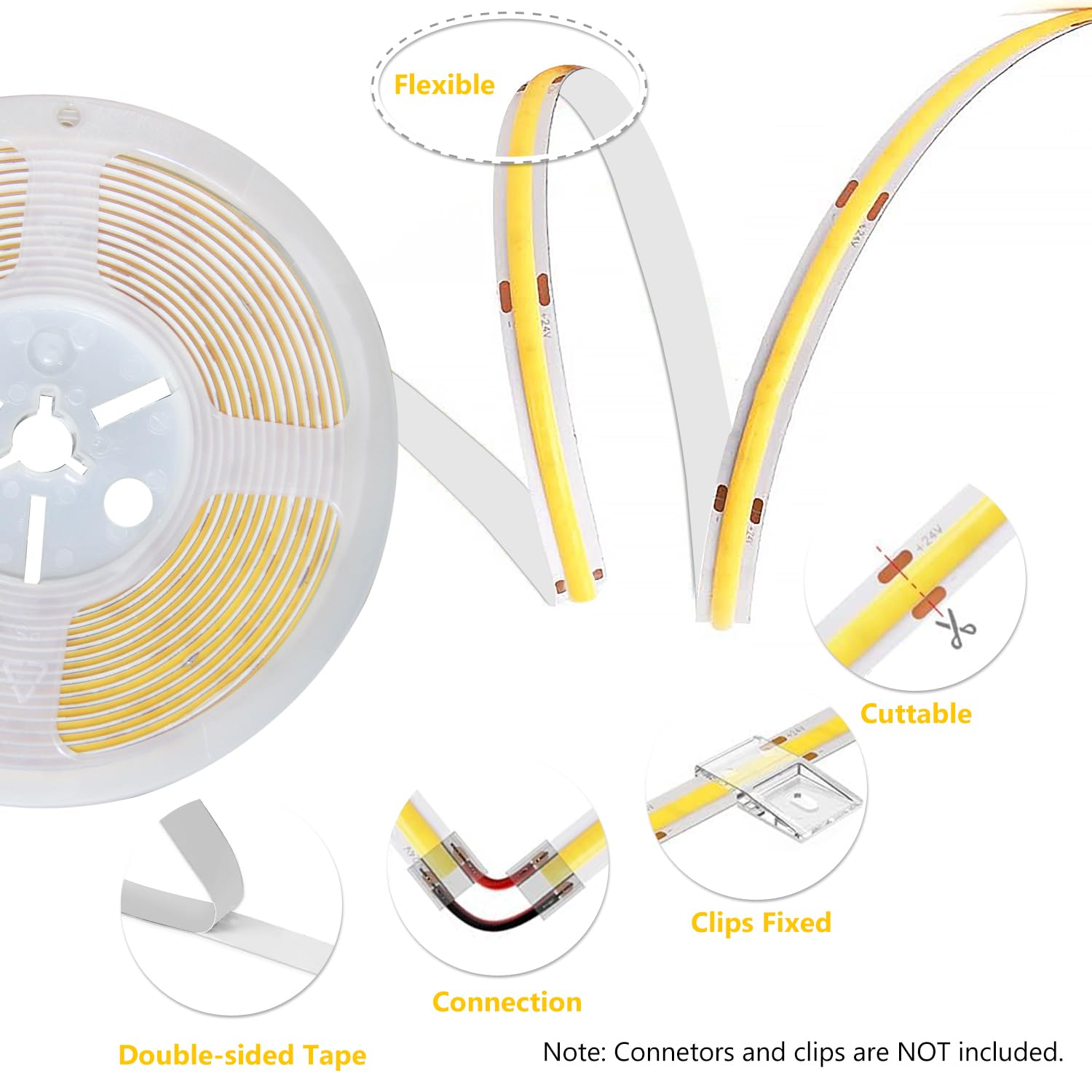 Phopollo Cob Led Strip Lights, 608 Leds/M High Density Flexible 24V Led Lights With Remote & Touch Control, Dimmable 2700K-6500K