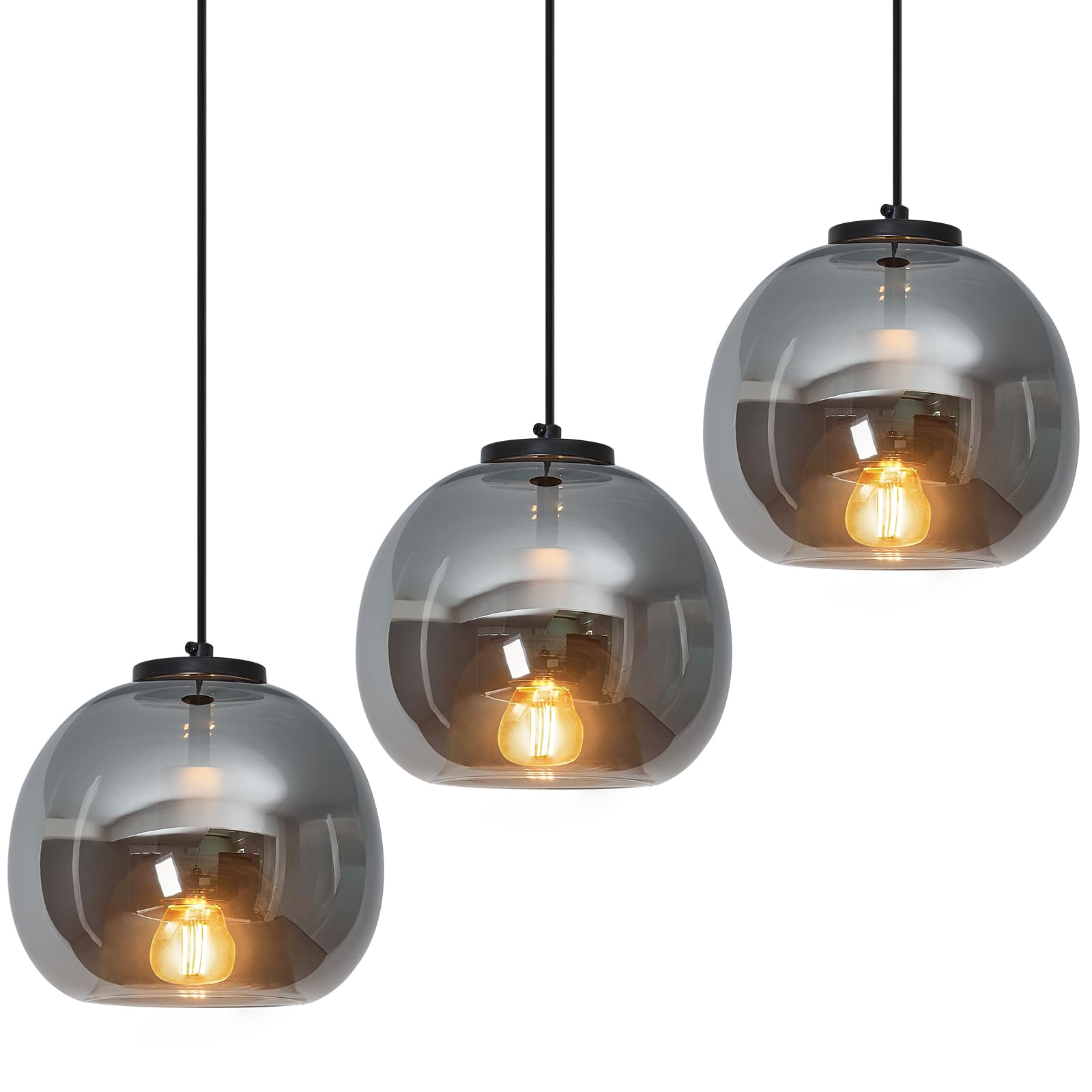 Lbsqj Mirror Smoke Gray Glass Pendant Lights Kitchen Island 3 Pack 7.87 Glass Globe Pendant Light Black Hanging Light Fixture Modern Pendant Lighting For Kitchen Island Bedroom Dining Room