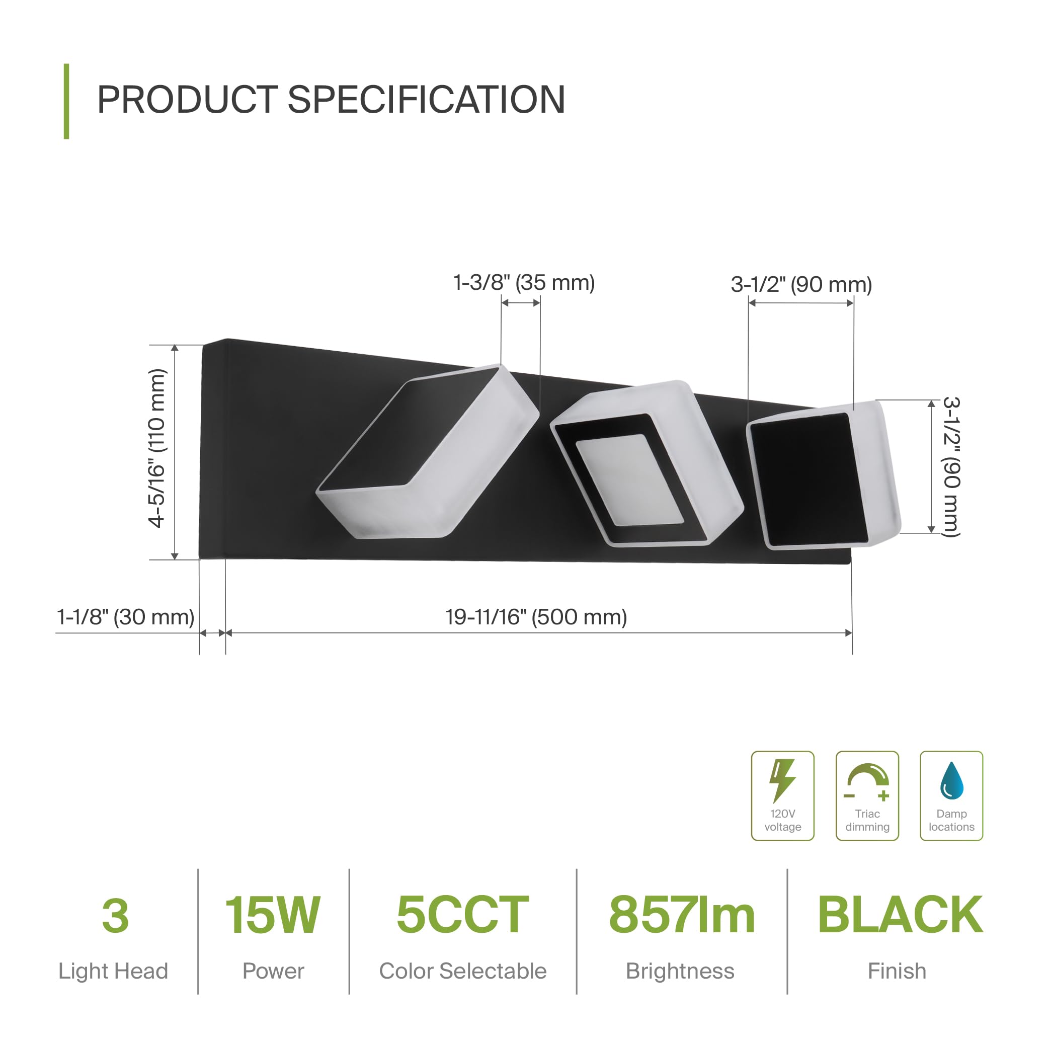 Asd Led 20 Inch Bathroom Vanity Light Fixture | 3-Lights 15W 860Lm 2700-6000K 120V | 5Cct, Dimmable, Rotatable Heads, Etl Listed