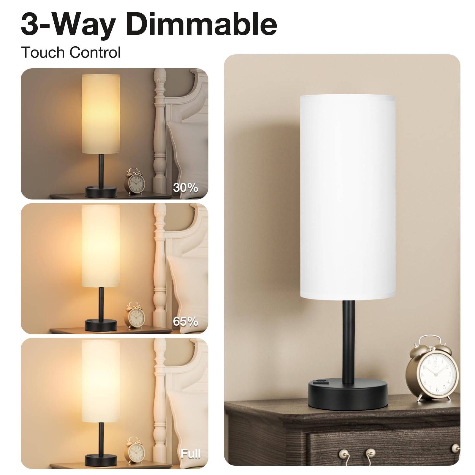Bedside Touch Table Lamps For Bedroom Nightstand With Usb-C Usb-A Charging Ports White, 3 Way Dimmable Small Lamp Fabric Shade B