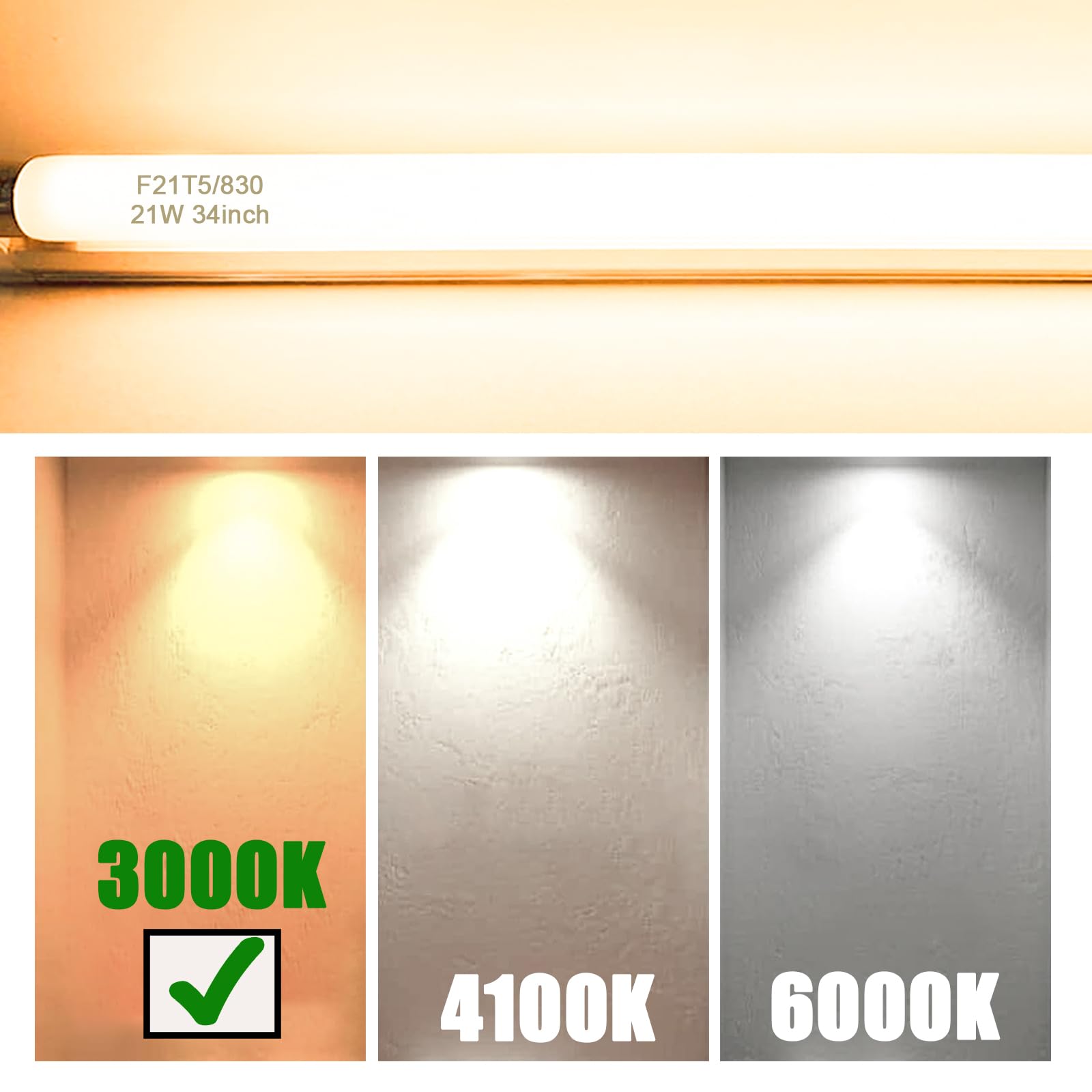 Konideke T5 Fluorescent Light Bulb 21W 34 Inches 3000K Warm White Mini Bi-Pin Base, 6 Pack