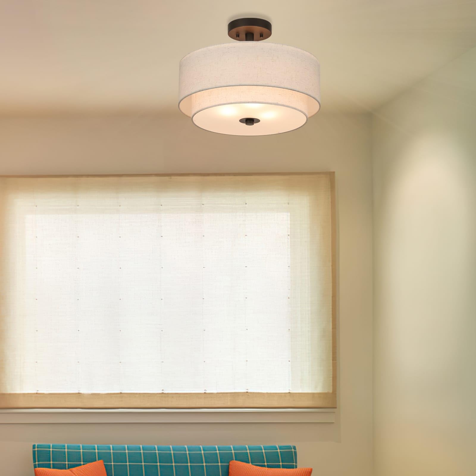Xinbei Lighting Drum Semi Flush Light, 3 Light Semi Flush Mount Ceiling Light Fixture With Fabric Shade Modern Close To Ceiling