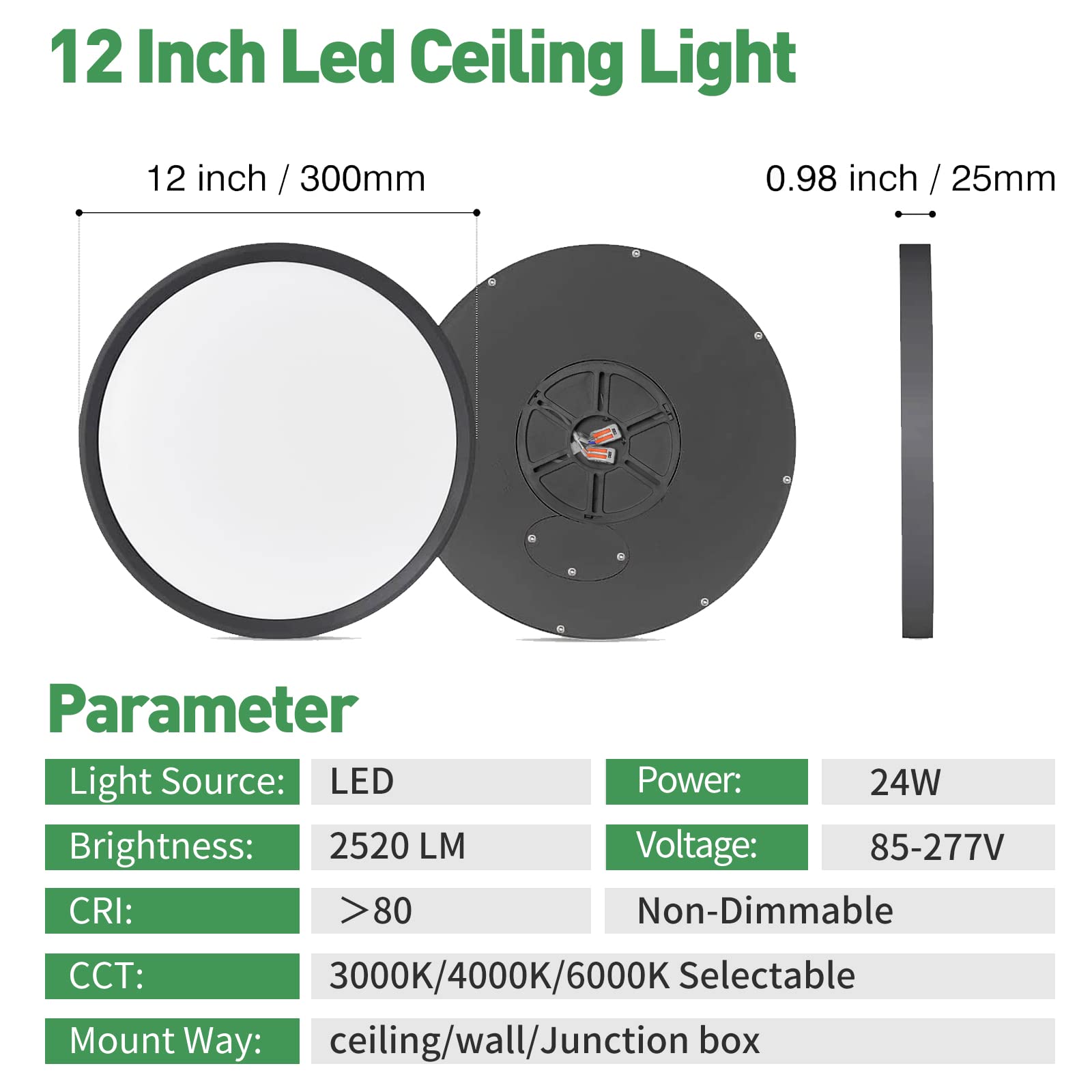 12 Inch Led Flush Mount Ceiling Light 6Pk, 24W, 2520Lm, 3000K/4000K/6000K Cct Selectable, Round Flat Panel Light Low Profile Ceiling Light Fitures For Hallway, Kitchen, Bedroom, Laundry Room, Black