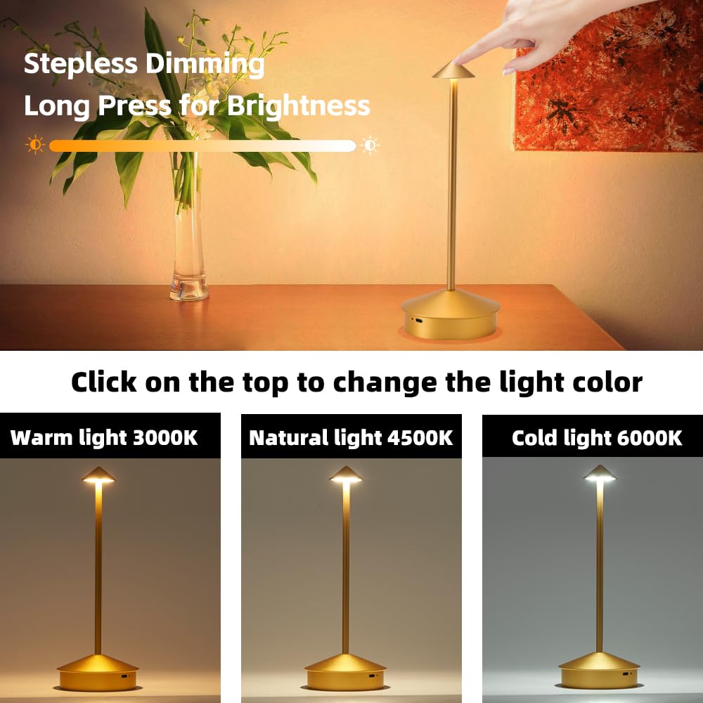 Simisand Cordless Table Lamp Set of 2, LED, 6000mAh Battery, 11.42x3.94x1.77in, Gold, Model 1809