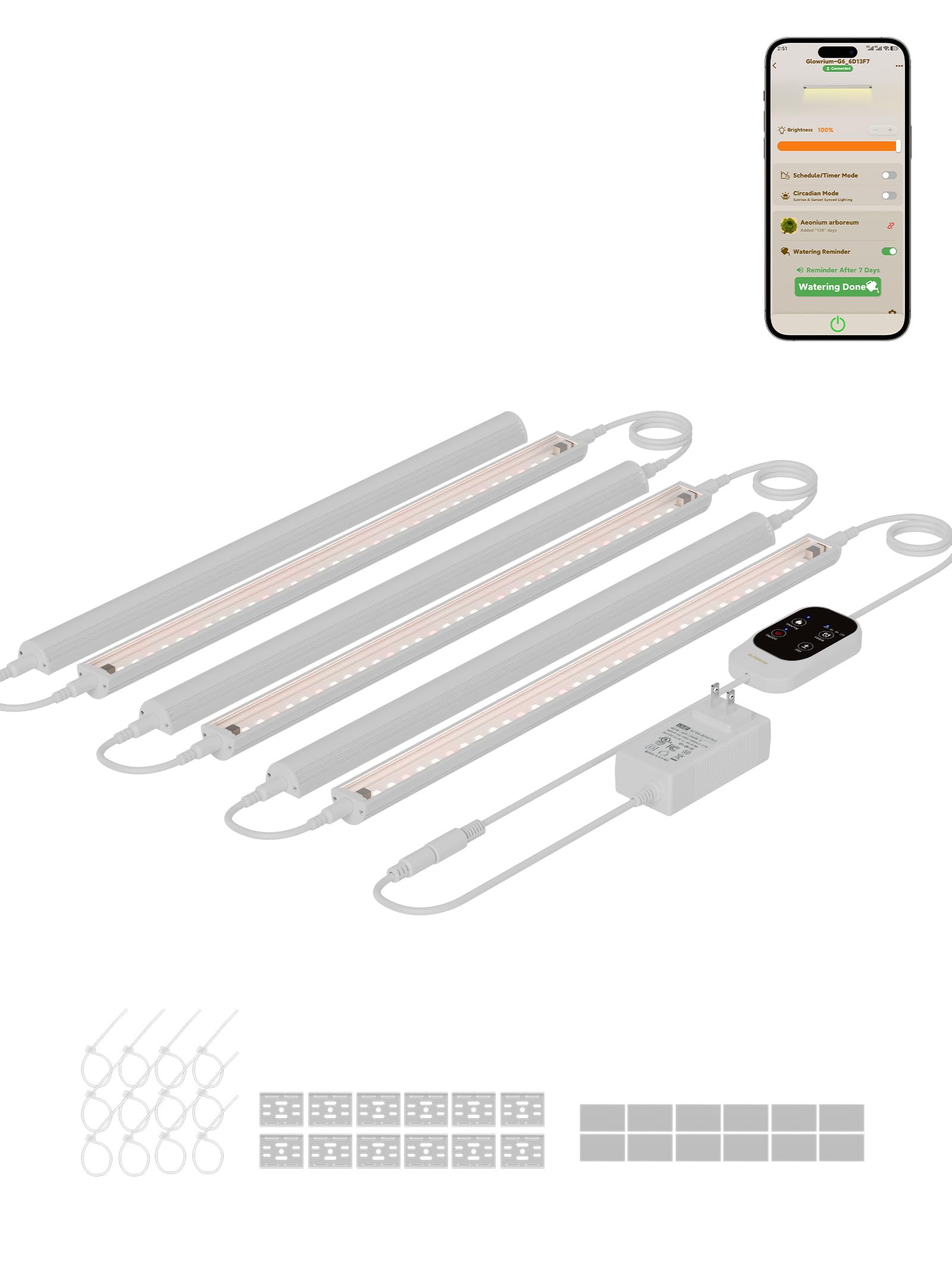 GLOWRIUM Smart Grow Lights for Indoor Plants with APP  Full Spectrum Grow Lights for Seed Starting  G6 Plant Light Band with auto Timer  3 Angle dimming Levels for Plant Shelf  6-Pack (White  48W)