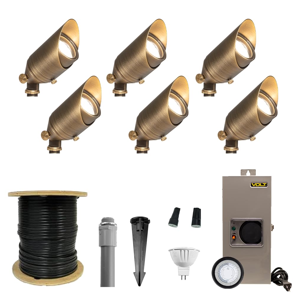 VOLT 12V Cast Brass Top Dog LED Outdoor Spotlight 6-Pack Kit with 150W Low Voltage Transformer for Landscape Lighting of Yard, L