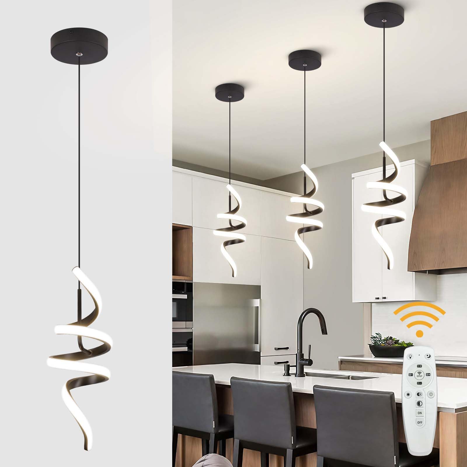 Sovinzert 3000-6000K Dimmable Modern Pendant Light Black LED Pendant Light for Kitchen Island Fixtures Chandeliers for Dining Room Hanging Lights  1 Pack