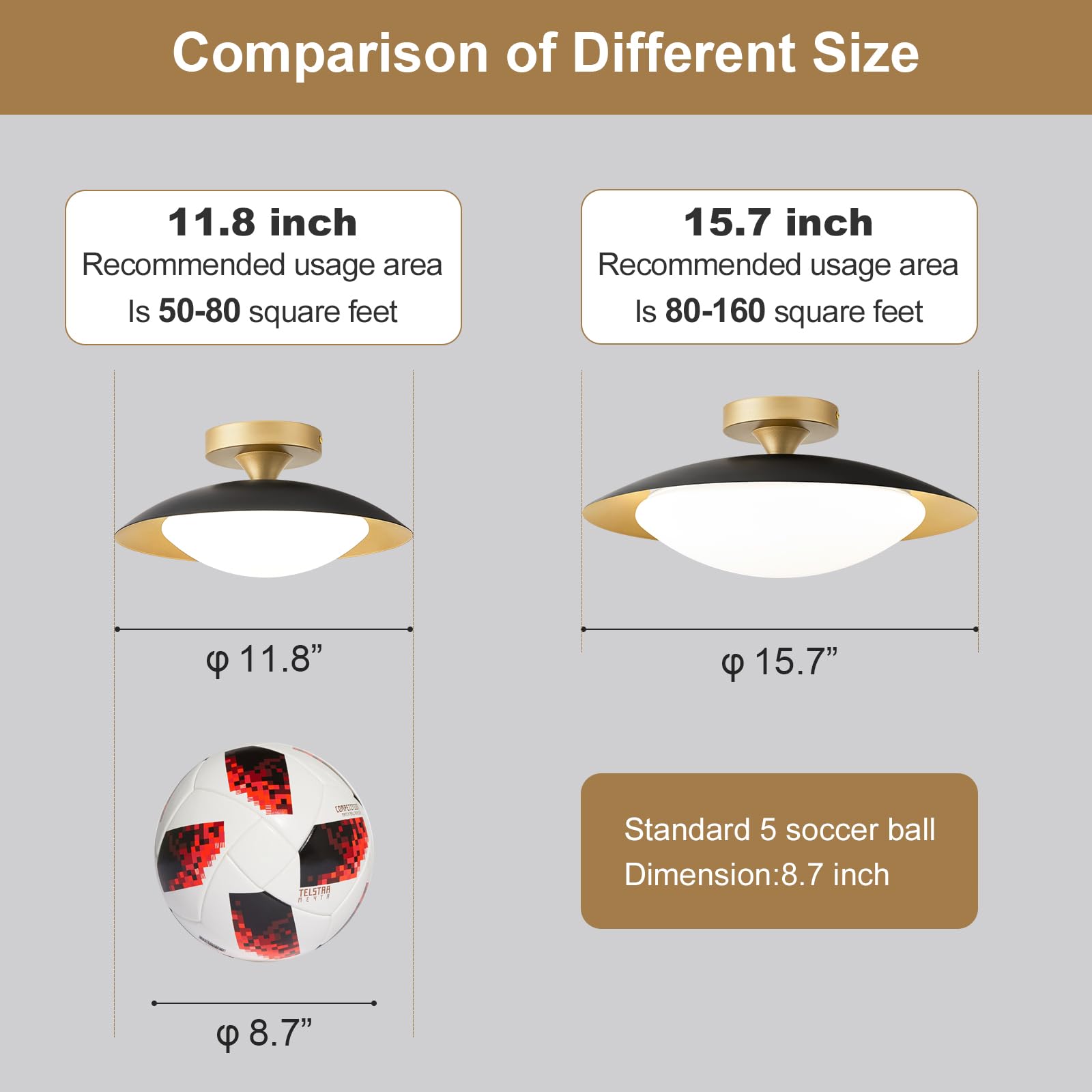 Zuyurt Dimmable Mid Century Modern Ceiling Light 5Cct Led Black And Gold Semi Flush Mount Ceiling Lighting  For Kitchen Bedroom Hallway Bathroom 2700K-6000K 15.75 In