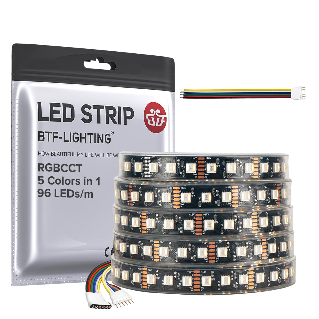 BTF-LIGHTING RGBCCT LED Tape Lights 16.4ft 5050SMD RGBWW Dimmable 2700K-6500K Black PCB IP67 HD-12