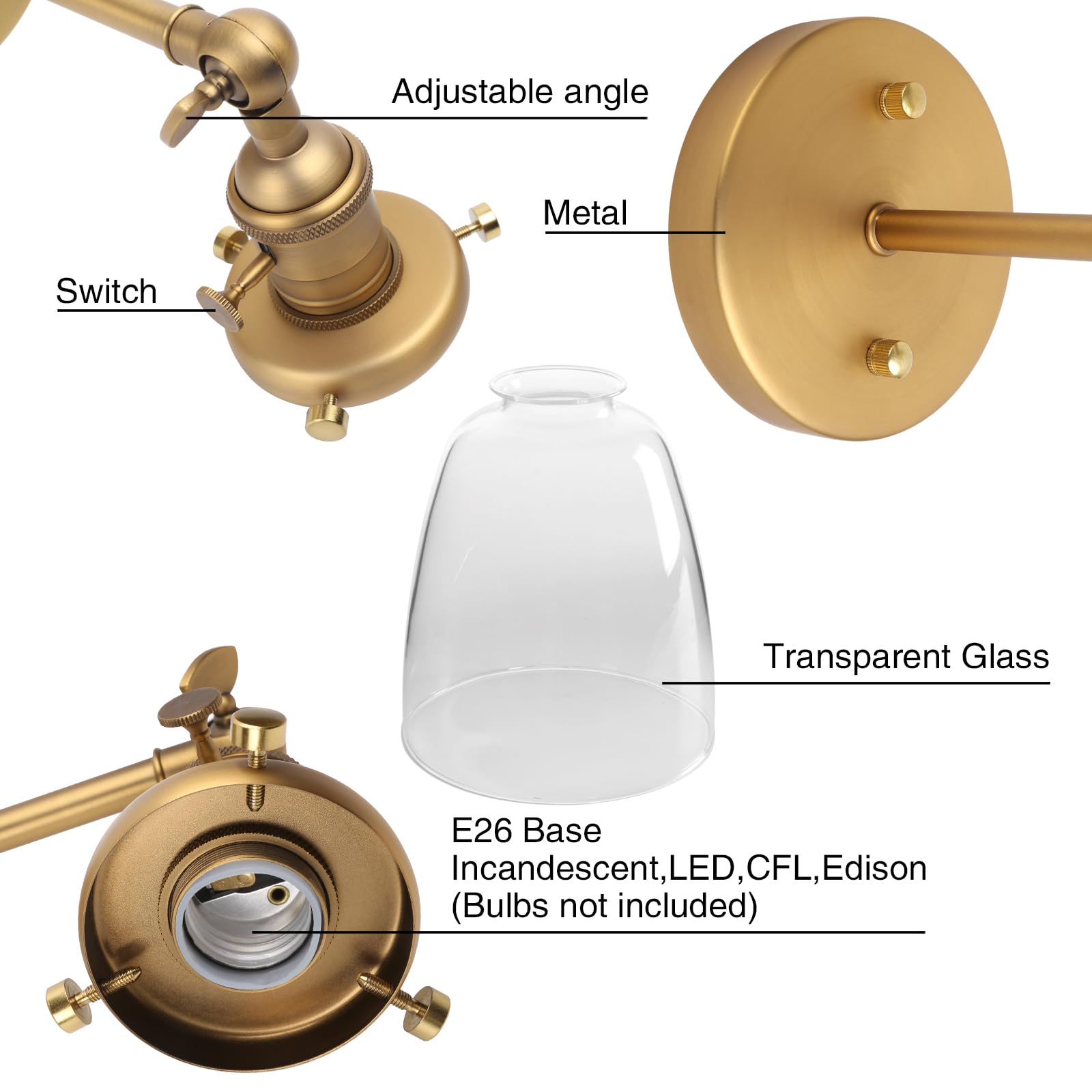 Pathson Vintage Wall Sconce Lighting, Antique Brass, Clear Glass Shade, Model YT010-D, Ideal for Living Room, Bathroom, Garage, Porch