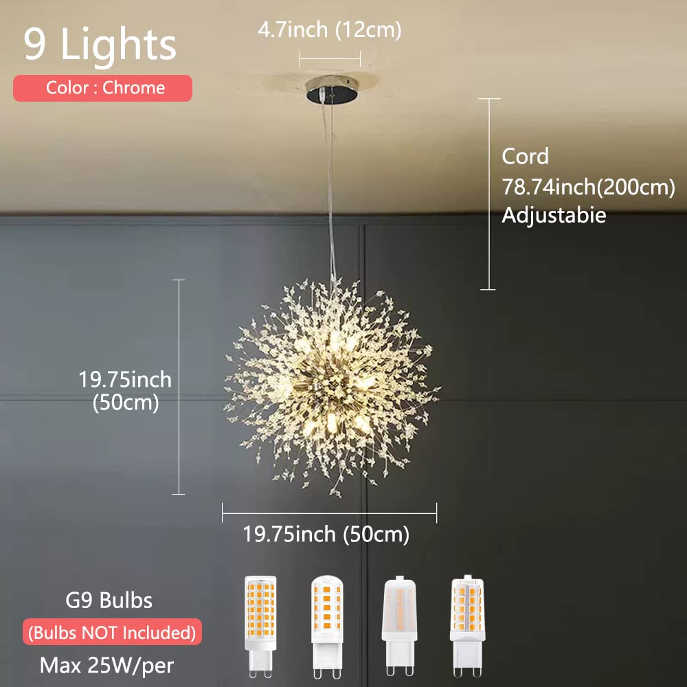 Mivenda Modern Crystal Chandeliers 9-Light Chrome Dandelion Light Fixture,Firework Chandelier,Personalized Ceiling Hanging Light