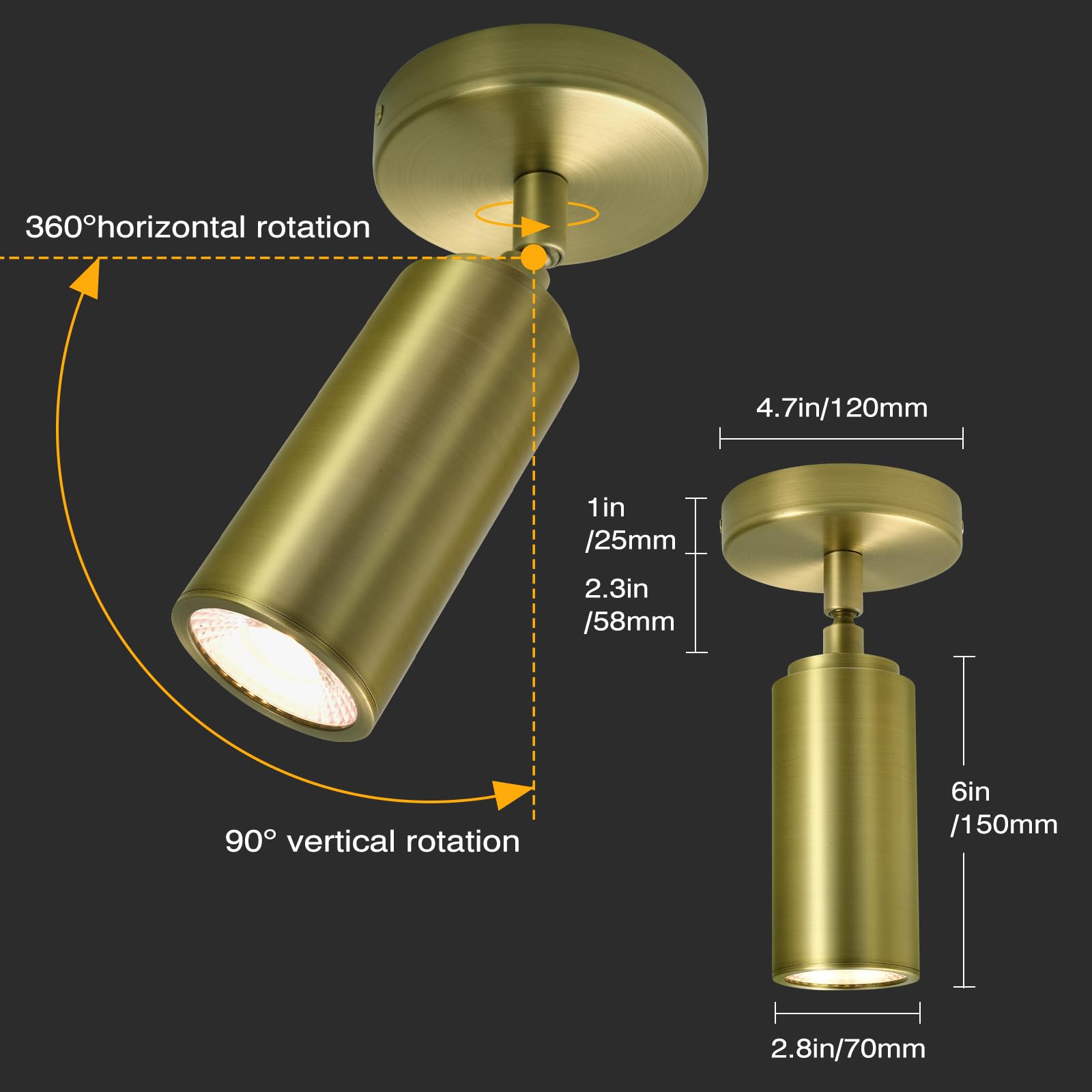 Brass Ceiling Spotlight, Hardwired Led Spot Lights, Flush Mounted Directional Indoor Spotlight Fixtures, Adjustable Monopoint Sp