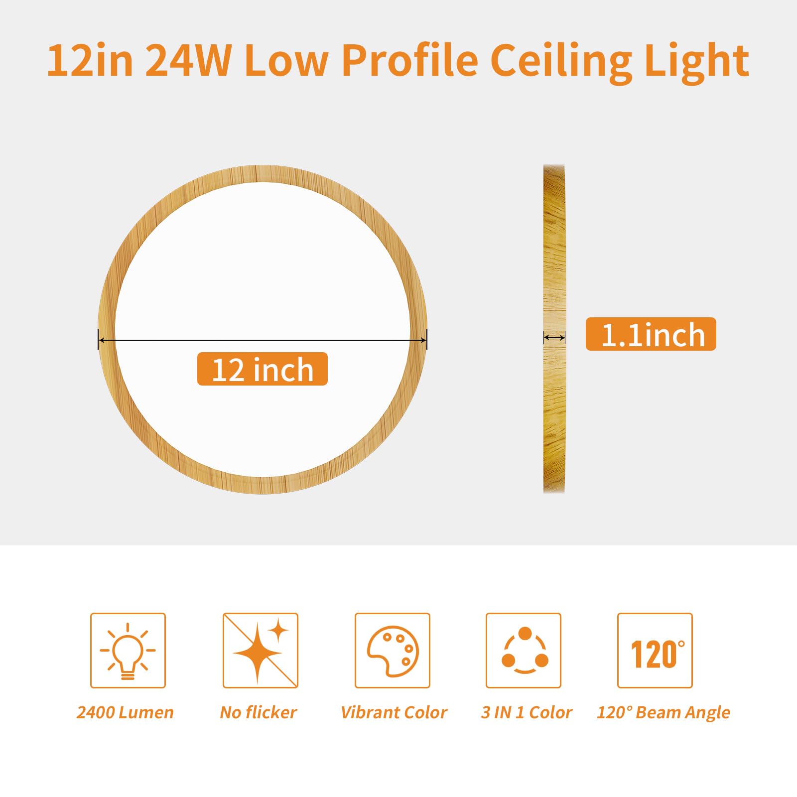 CAMCLIM 12in 24W LED Ceiling Light, 3CCT Selectable, Wood Grain, Model DX0032, Set of 2