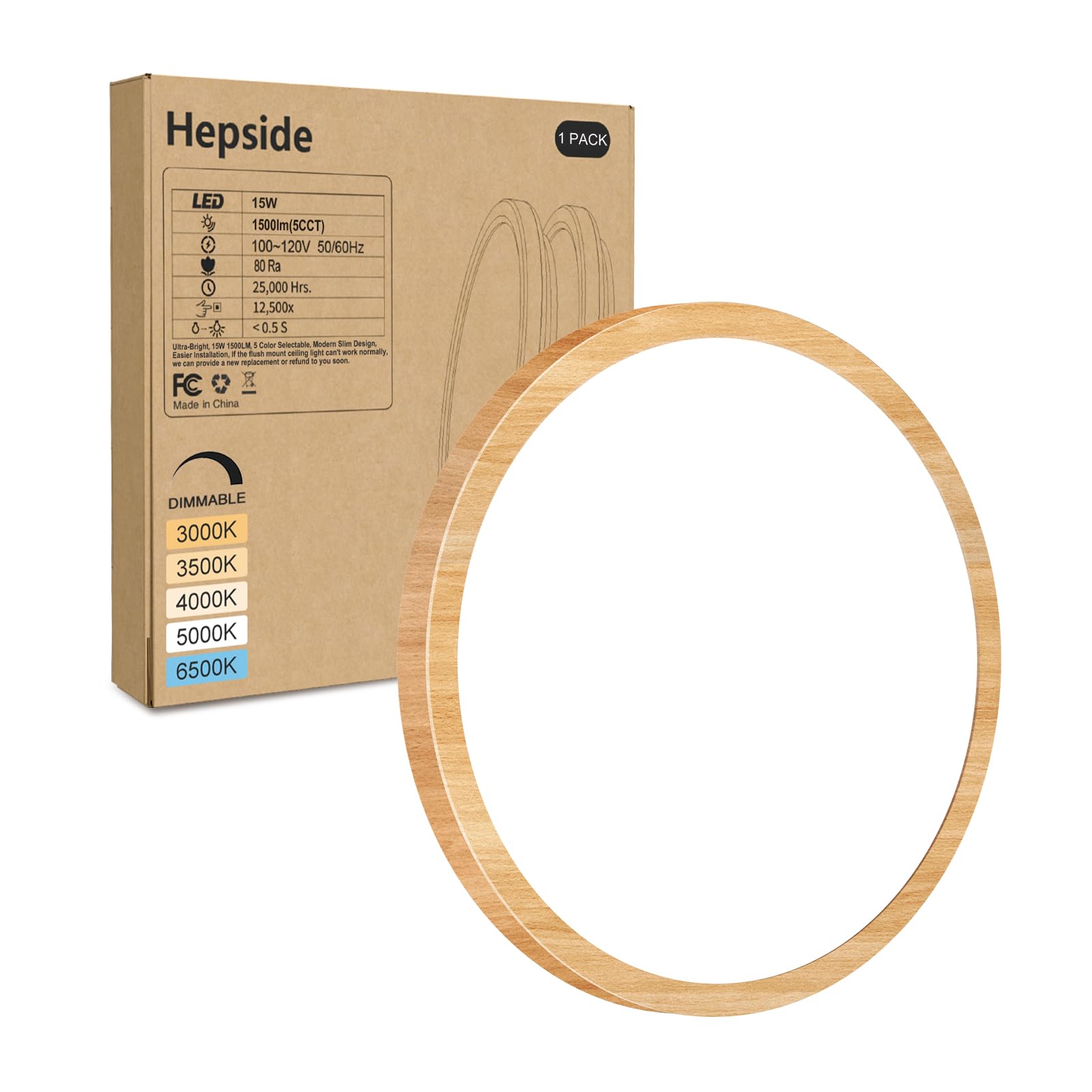 hepside 1Pack LED Flush Mount Ceiling Light Fixture  7Inch 15W  Dimmable&3000K/3500K/4000K/5000K/6500K Adjustable Low Profile Ceiling Lights  Round Flat Ceiling Light for Closet Kitchen Hallway-Wood