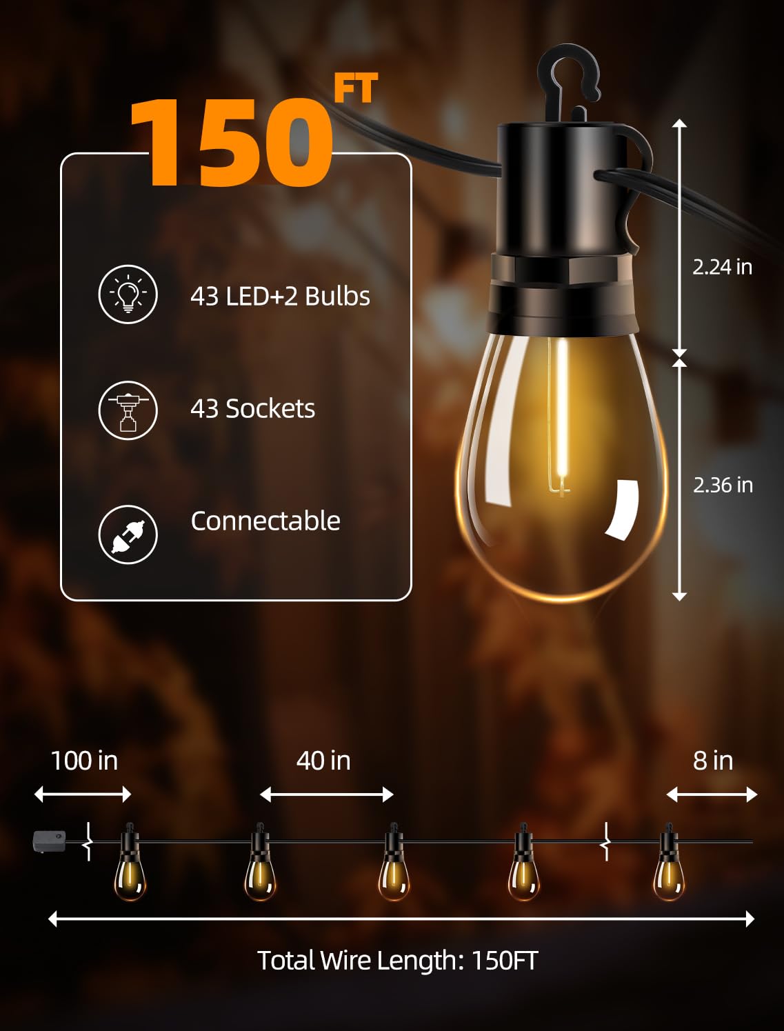 Vozuji Outdoor Patio String Lights: S14 Shatterproof Bulb Outside Waterproof Light - 150Ft 45M Remote Dimmable Connectable Hanging Outdoor Electric Lighting - Garden Backyard Yard Gazebo Porch Party