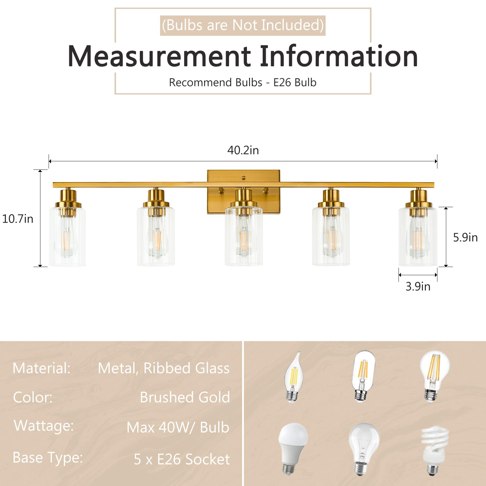 Jonsi 5-Light Brushed Gold Bathroom Vanity Light Fixture with Glass Shade, 40.2 Inch, E26 Wall Sconces for Bathroom and Hallway