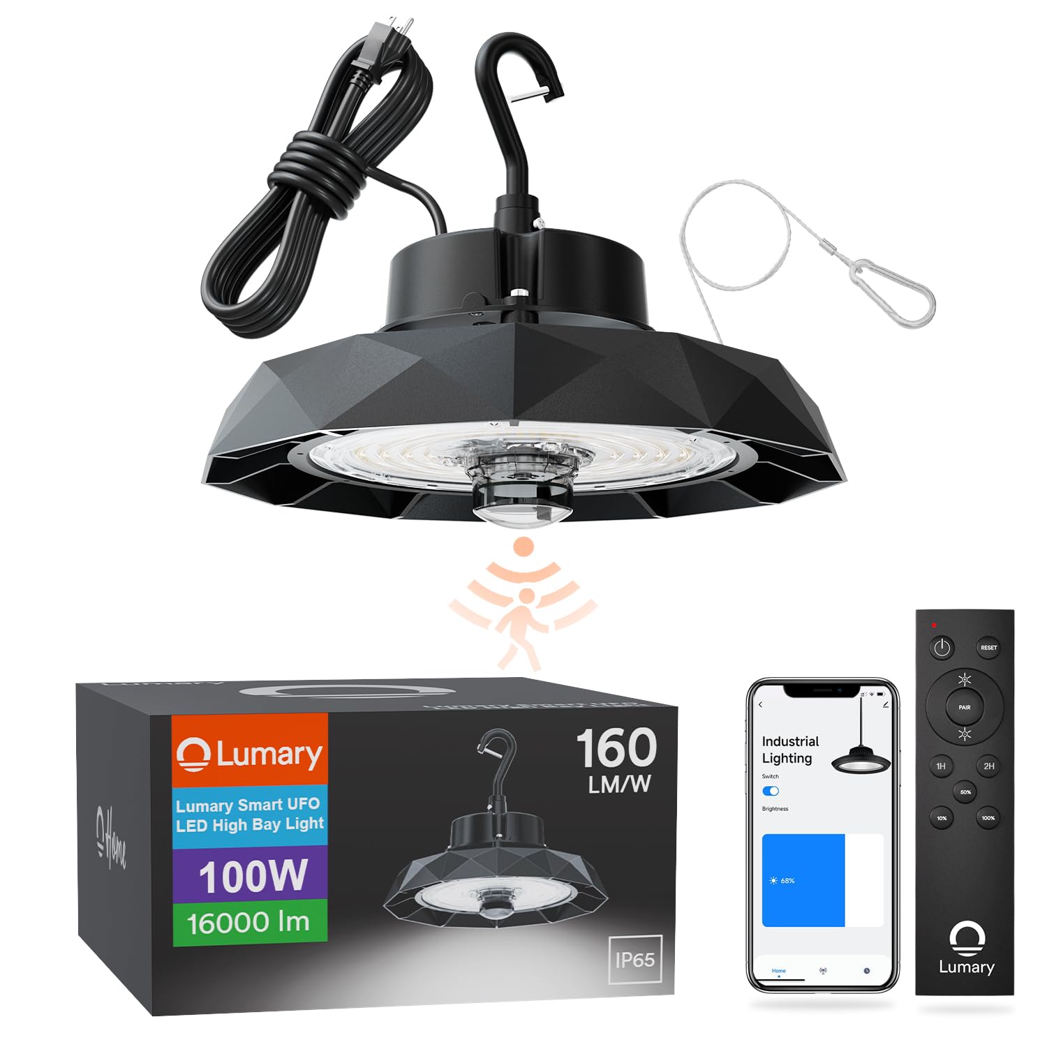Lumary Smart Bluetooth UFO LED High Bay Light Motion Sensor 100W, 16,000lm 5000K Dimmable Workshop Garage Lights, Compatible wit