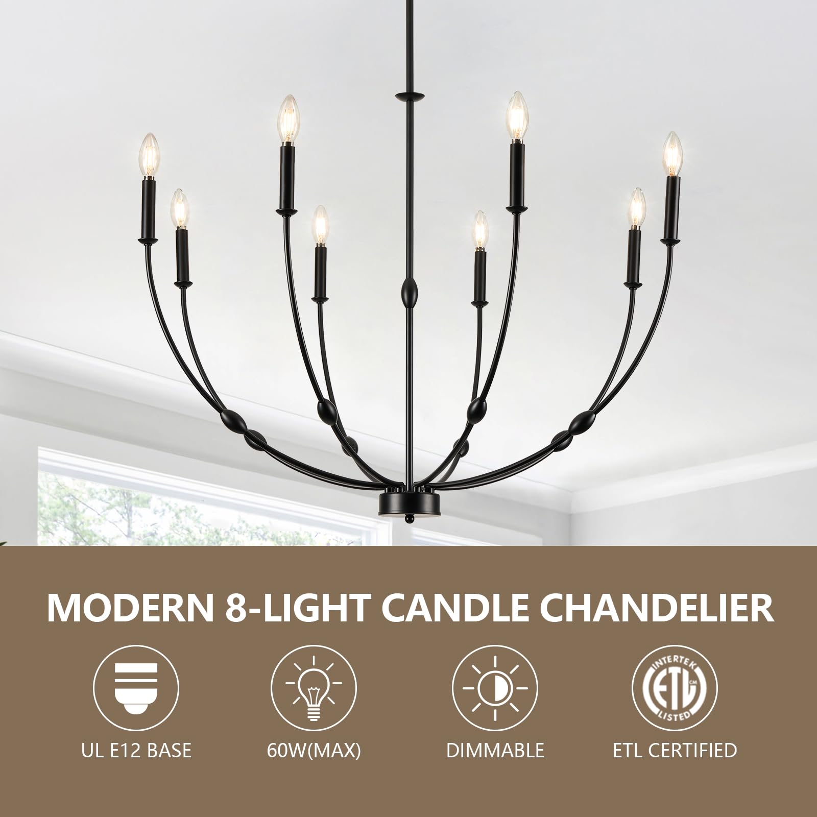 Acaner Black Chandeliers For Dining Room, 8-Light Modern Farmhouse Candle Style Chandelier, Industrial Hanging Ceiling Light Fix