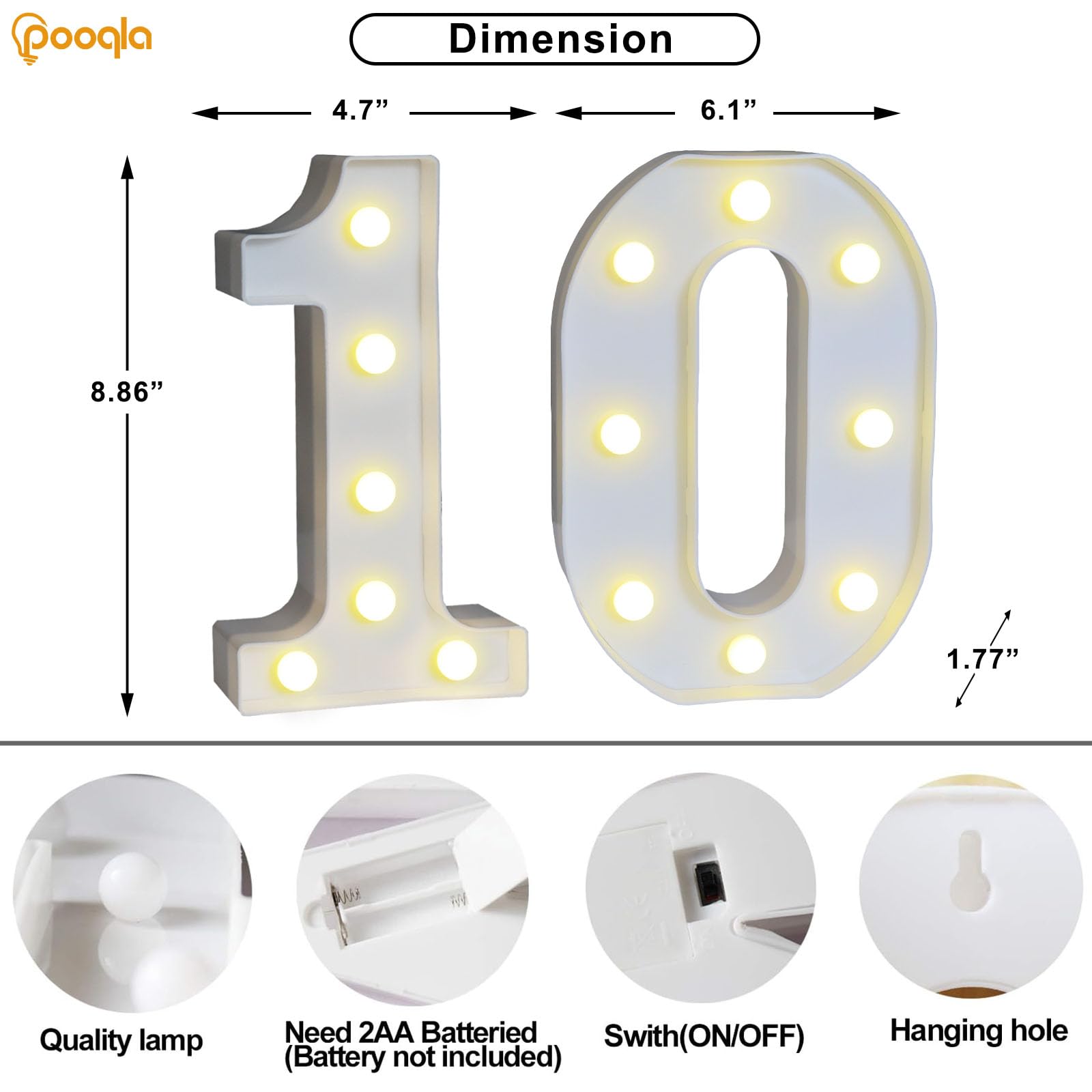 Pooqla Decorative Led Light Up Number Letters, White Plastic Marquee Number Lights Sign For 10Th Birthday Party Wedding Decor Battery Operated Number (10)