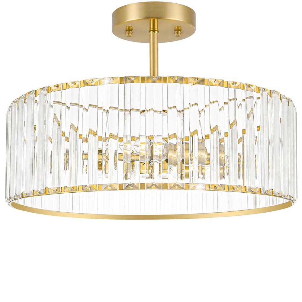Modern Crystal Ceiling Light Fixture  Semi Flush Mount Ceiling Light  Brushed Brass Hallway Lighting Fixtures Chandelier  Crystal Chandelier For Kitchen Bedroom Dining Room Closet  5-Light  16 Inch