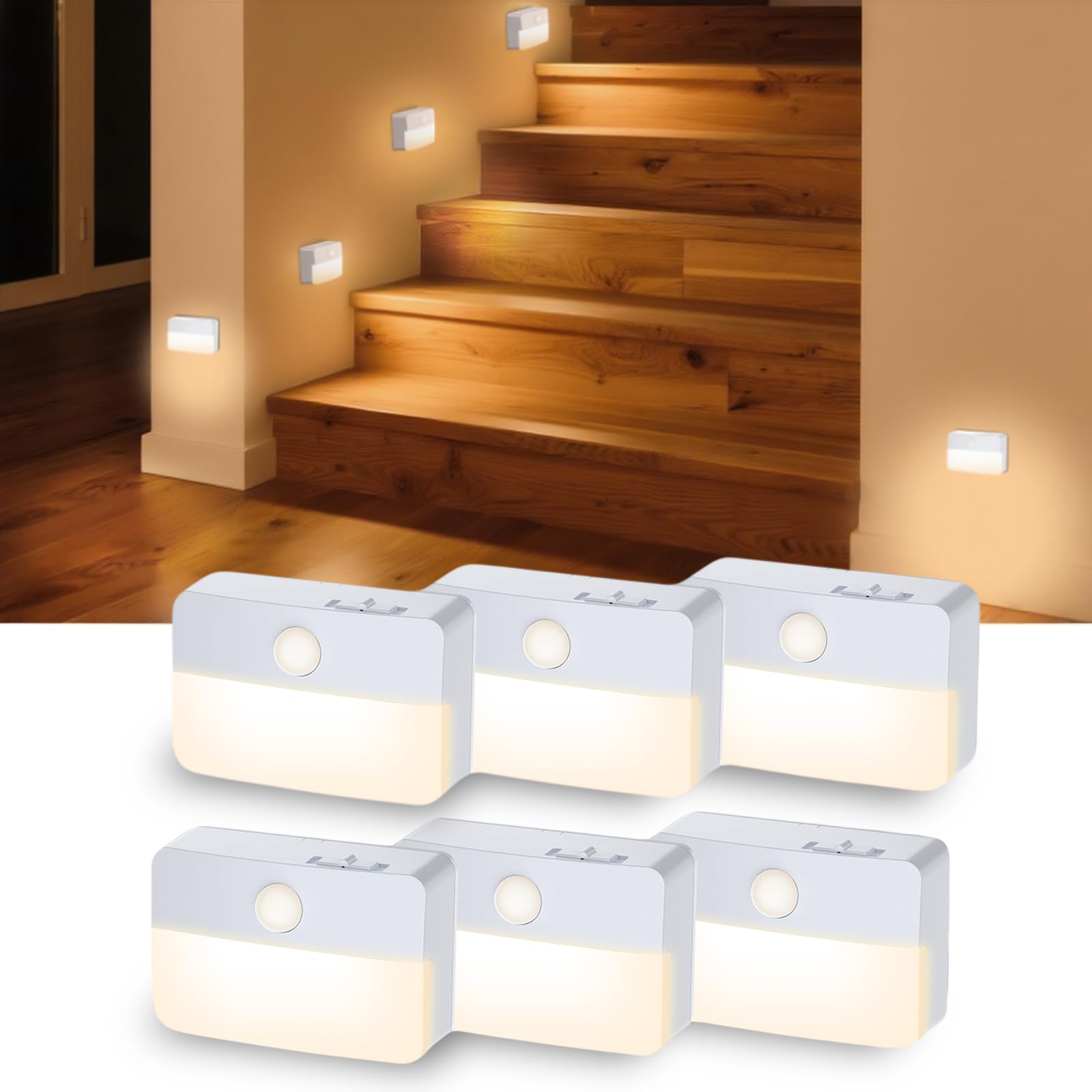 Coolilumi Motion Sensor Night Light Indoor Stair Lights Warm White Stick-On Closet Lights, Battery Operated Hallway Cabinet, Bed