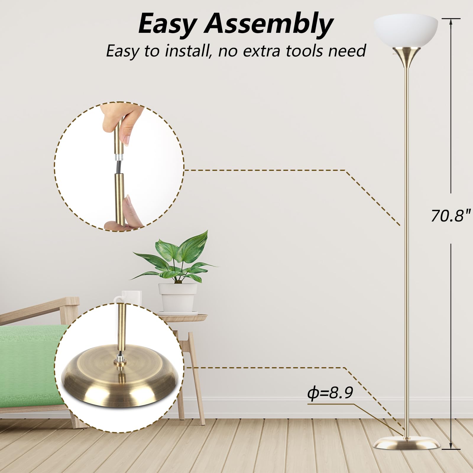 Floor Lamp, Standing Lamp For Bedroom, Drop-Resistant White Lampshade, Rotary Switch, Industrial Floor Lamp For Living Room Bedr