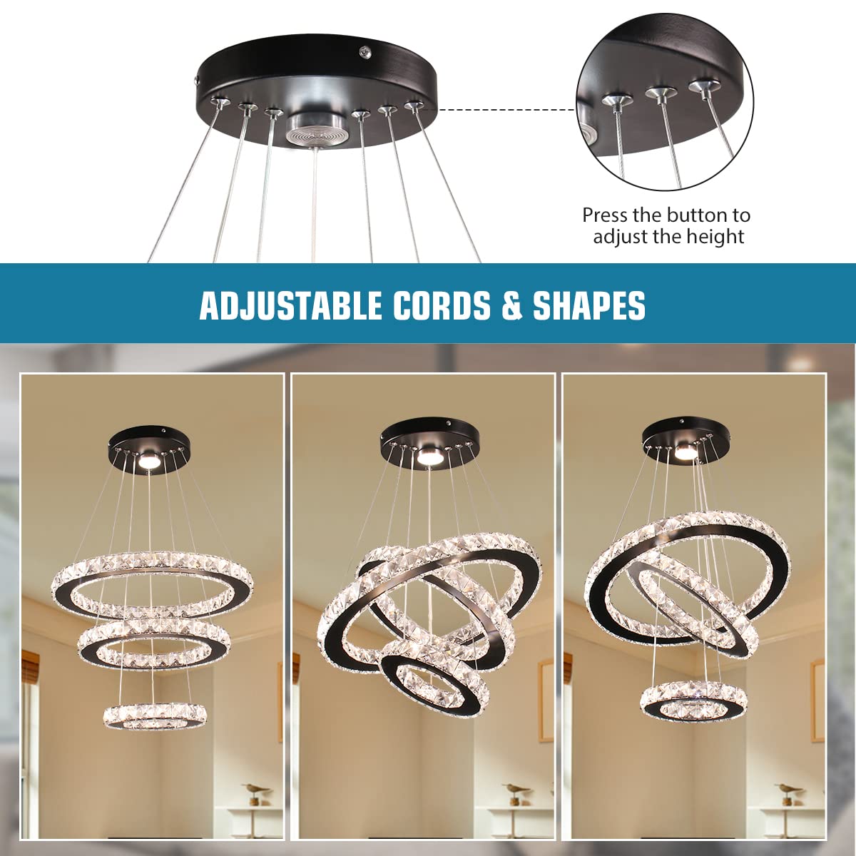 diisunbihuo Dimmable LED Crystal Chandelier 3 Rings Adjustable Height Black Pendant Light for Dining Room, Bedroom, Living Room