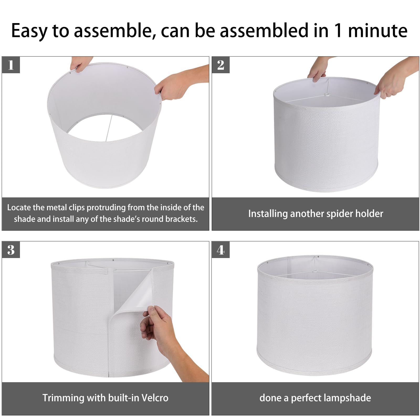 Drum Lamp Shades Set Of 2, White Large Lampshades 15'' Top X 15'' Bottom X 12'' Height, Alucset Large Lampshades Spider Fitter,