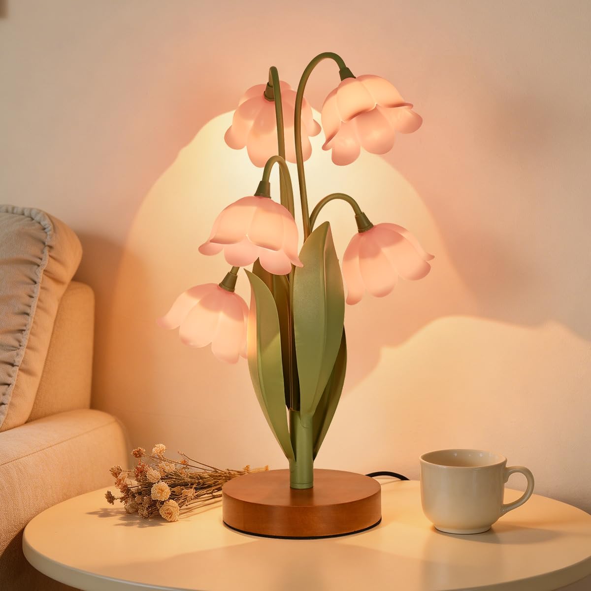 Flower Table Lamp for Bedroom, Cute Reading Light with 5 Pink Tulip Flower of The Valley, Desk Lamp Bedside Lamps for Nightstand