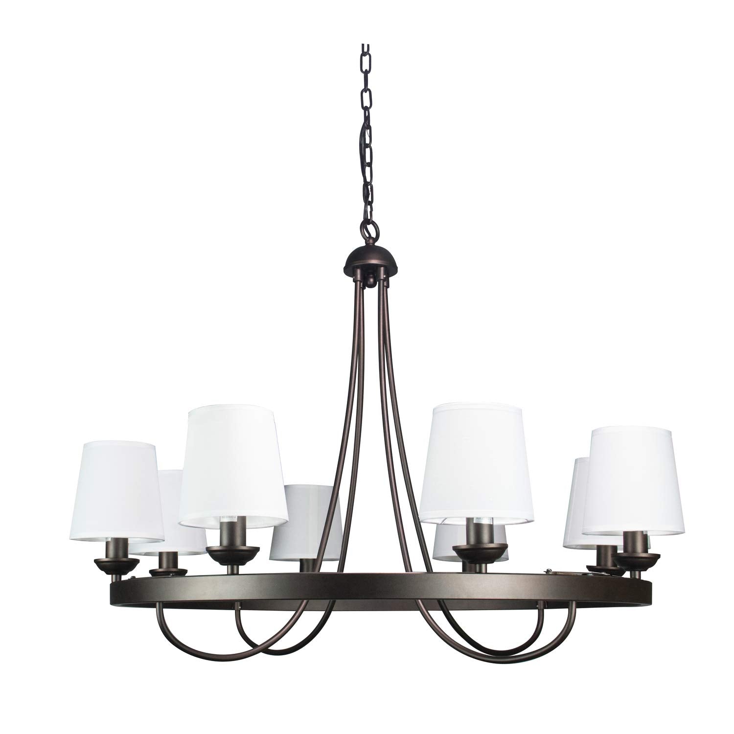 Canyon Home Rustic Wagon Wheel Light Fixture, 8 Bulbs, Vintage Black Frame, White Shades