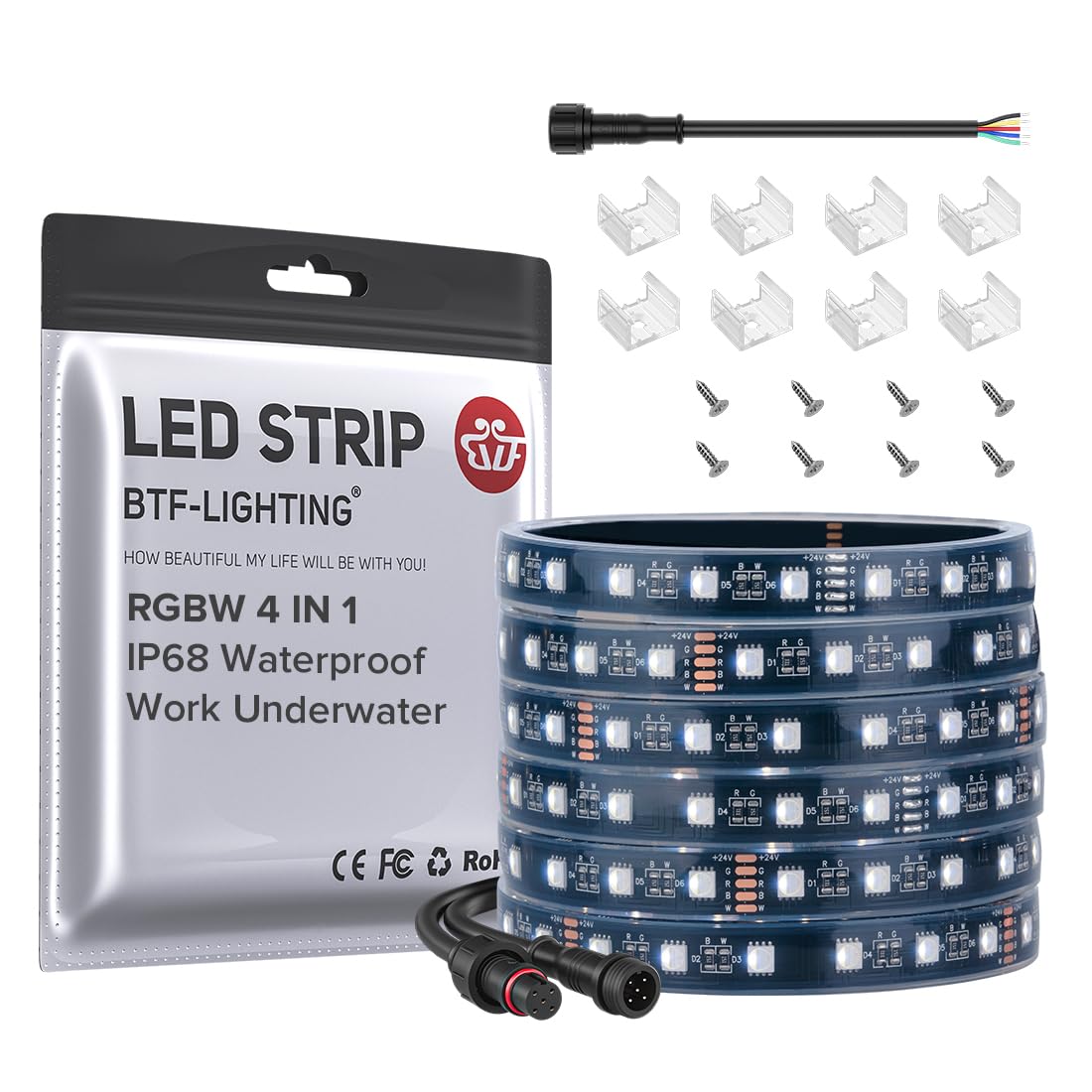 BTF-LIGHTING IP68 Waterproof Outdoor RGBW LED Strip 5050SMD RGB+Cool White(6000K-7000K) 4 Colors in 1 DC24V 5m 16.4ft 60LED/m Mu