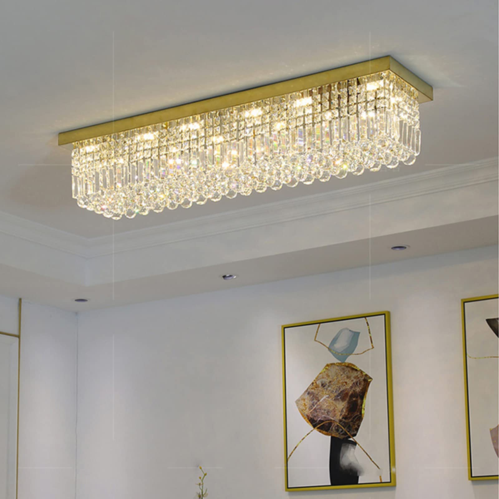 7PM Rectangular Chandelier - Modern 8-Light Flush Mount, Gold, L40” x W10” x H10”, Model HLC03710G, Ideal for Dining/Living Room