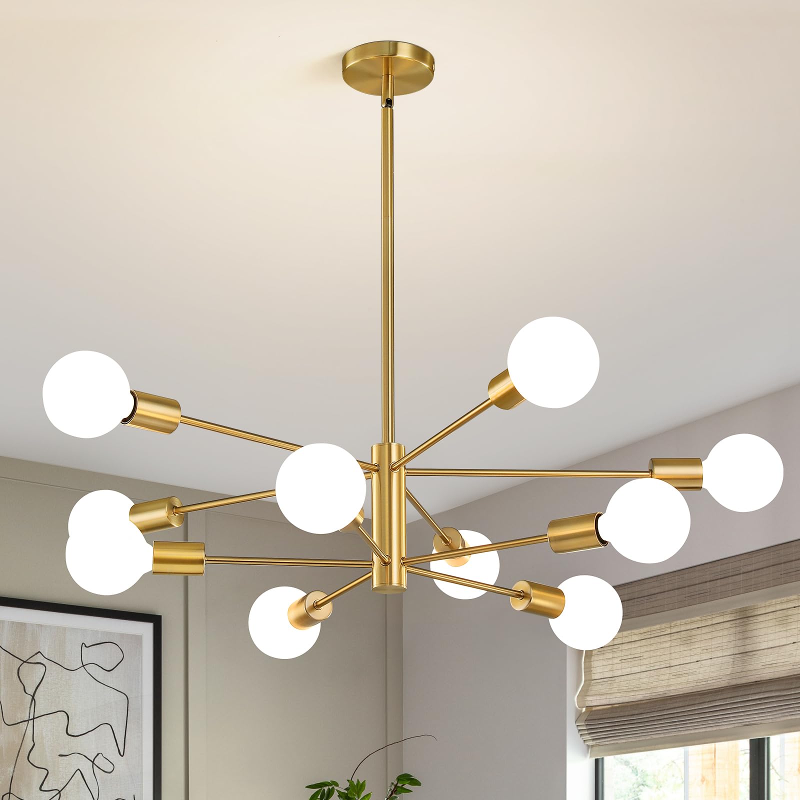 RUIYEY Modern Sputnik Chandeliers Light  10-Light Gold Gold Dining Room Chandelier Over Table  Height Adjustable Industrial Semi Flush Mount Mid Century Chandelier for Kitchen Island Living Room