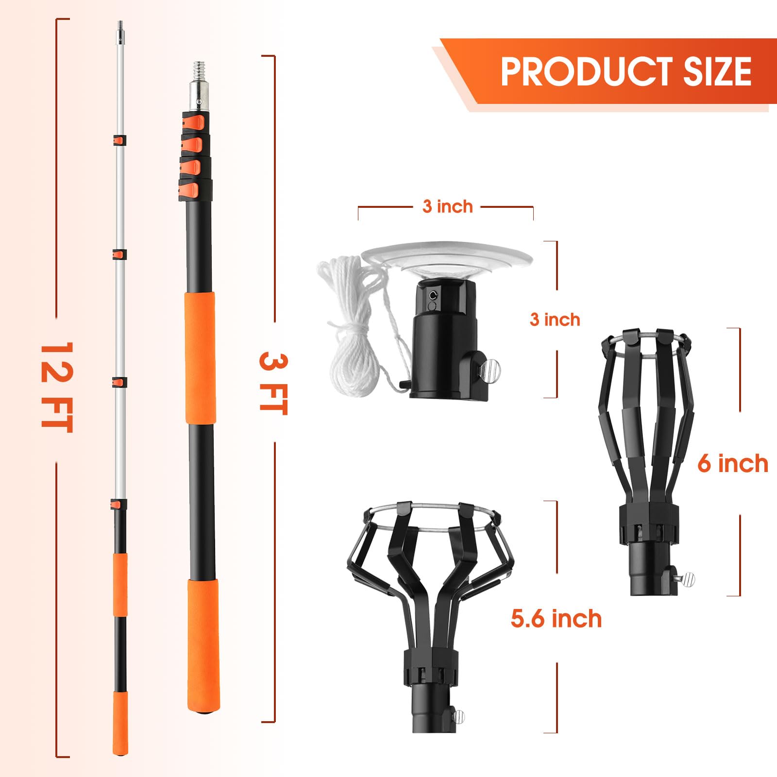 Zilipex Light Bulb Changer - 20ft Telescopic Extension Pole Tool, Aluminum, Black, 3-12ft with Baskets and Suction Cup