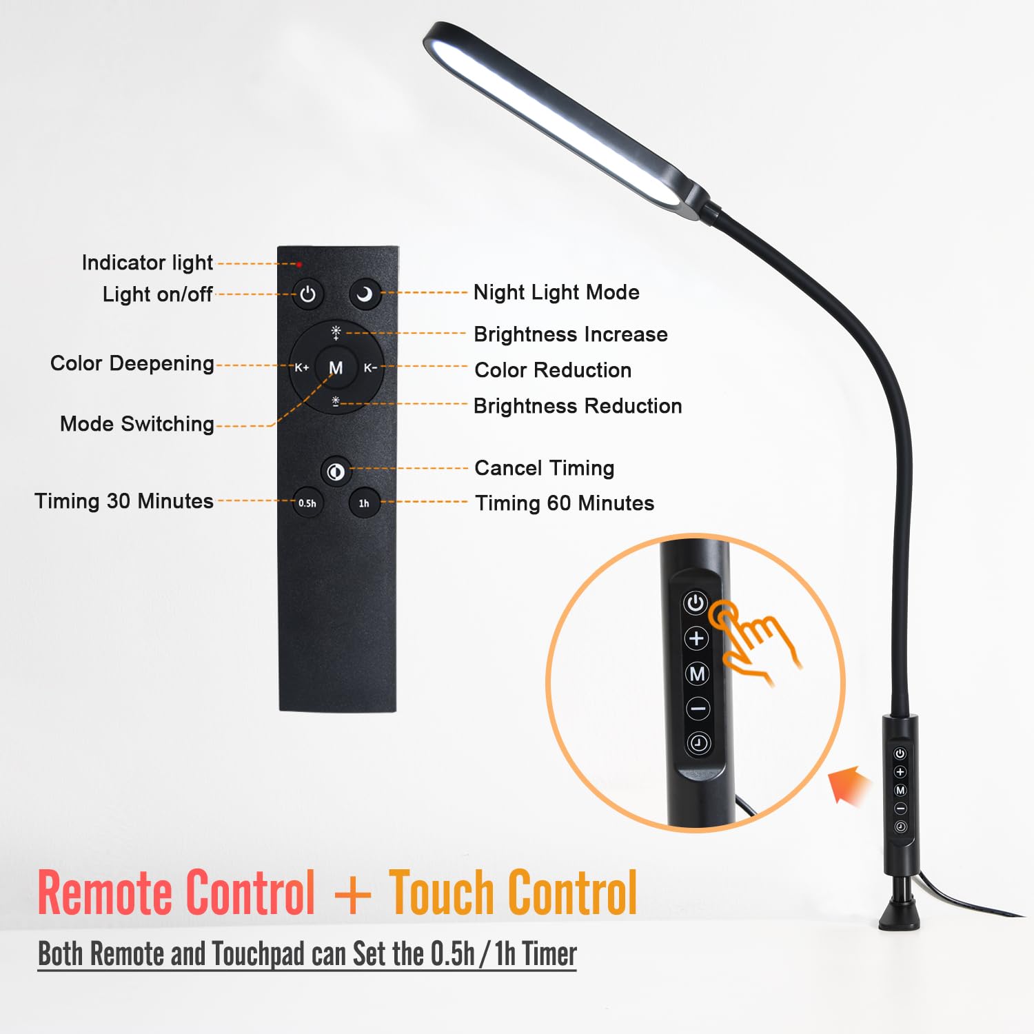 CeSunlight Clamp Lamp - Ultra Bright 18W, CRI>95, 3 Color Modes, Large, Ink Black, Model G03, Eye-Caring with Remote and Timer