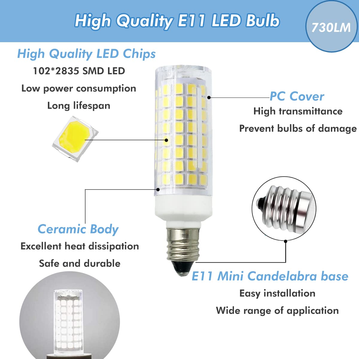 Zssxoled E11 Led Bulb 7W Dimmable E11 Mini Candelabra Base 75W Halogen Equivalent, T3/T4 Jd E11 Led Light Bulb For Chandelier Ca