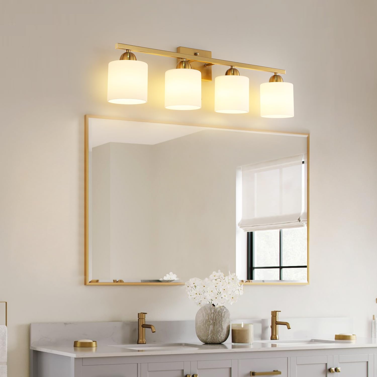 Mecgirn Stainless Steel 4-Light Bathroom Vanity Light, Brushed Gold with Frosted Glass, Model B0003-4-Gold